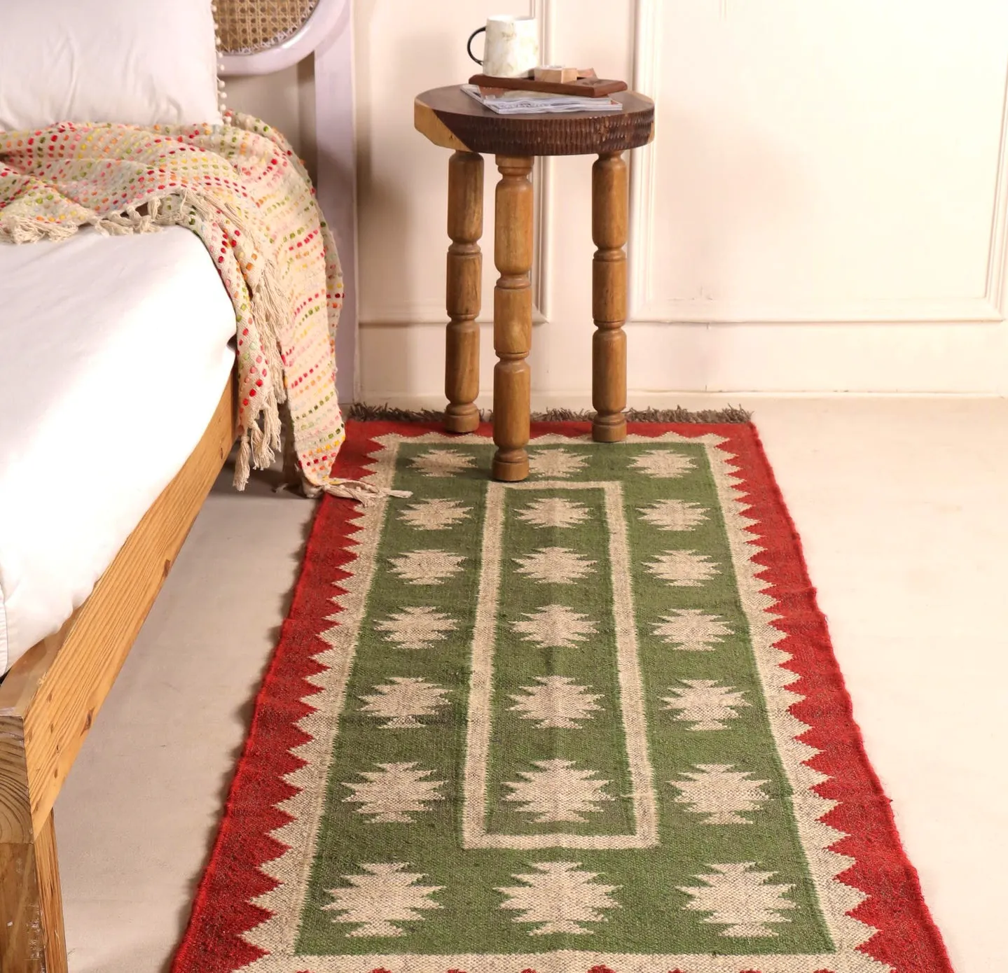 Kilim Stair Runner - Vintage Handmade Wool & Jute Boho Hallway Carpet, Outdoor Staircase Rug, Large Boho Green Red Rug