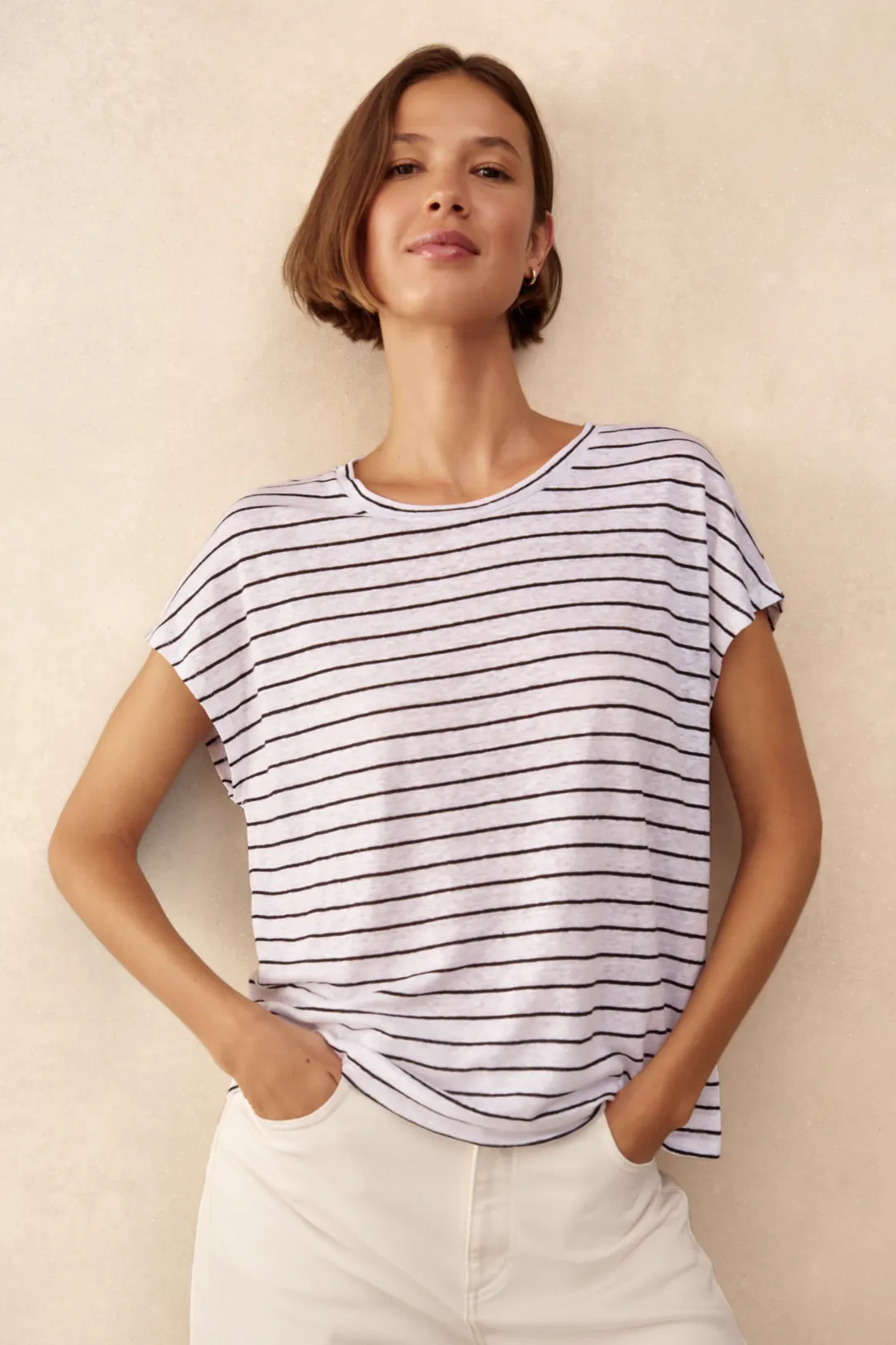 Stripe Button Back Jersey Linen Top £70