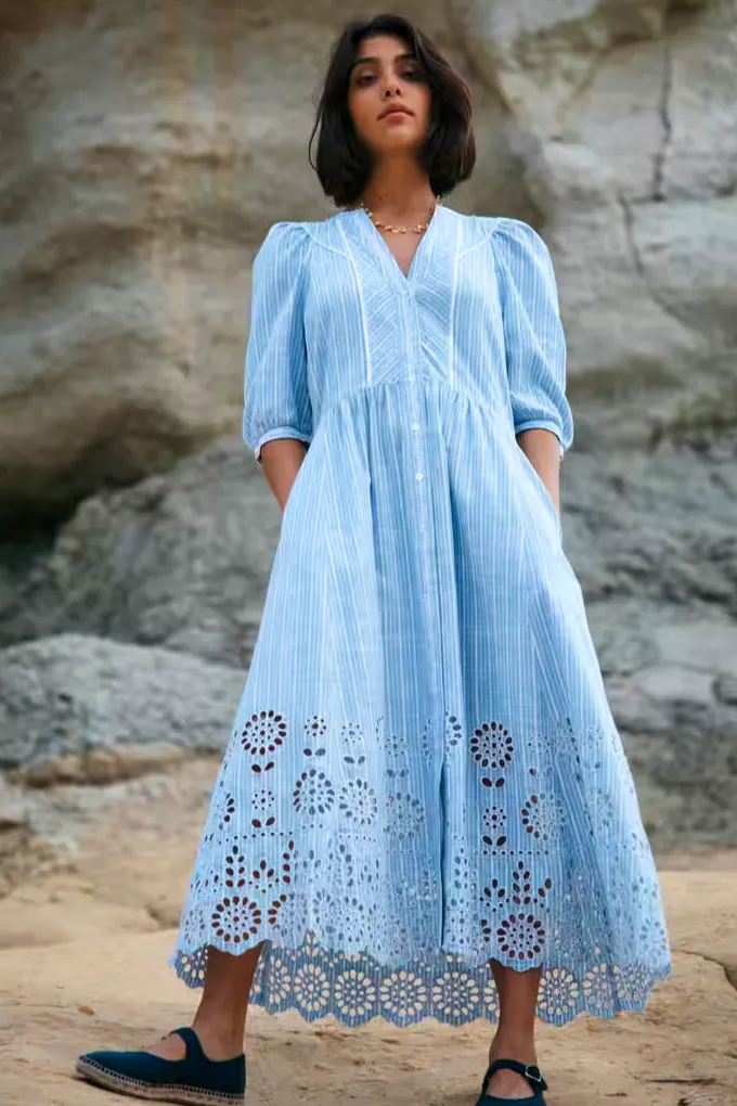 Cotton Stripe Embroidered Dress £245