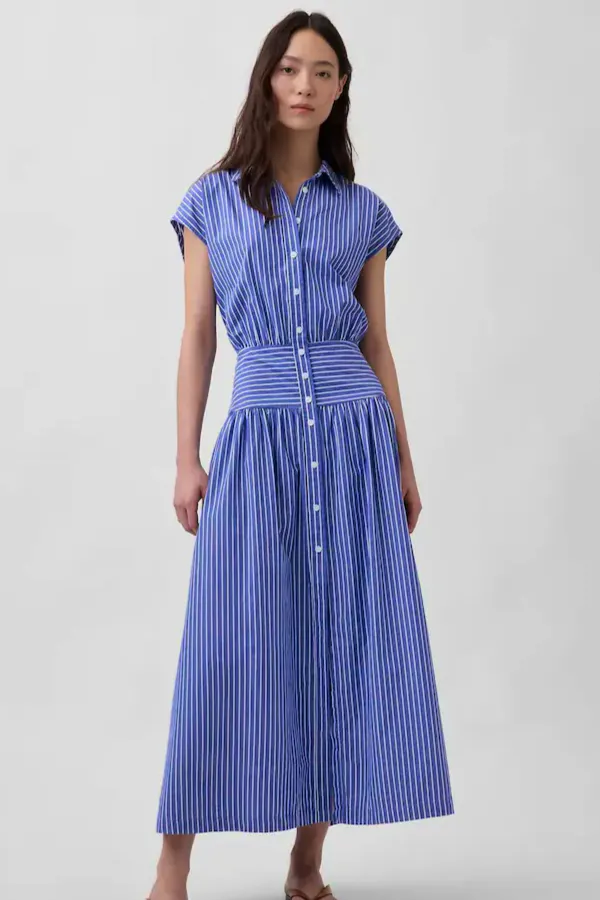 Next Gap Blue Stripe Poplin Drop Waist Maxi Shirt Dress, £90