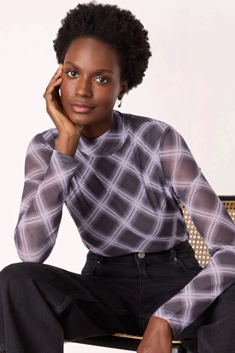 Whistles Burgundy Check Print Mesh Top, £55