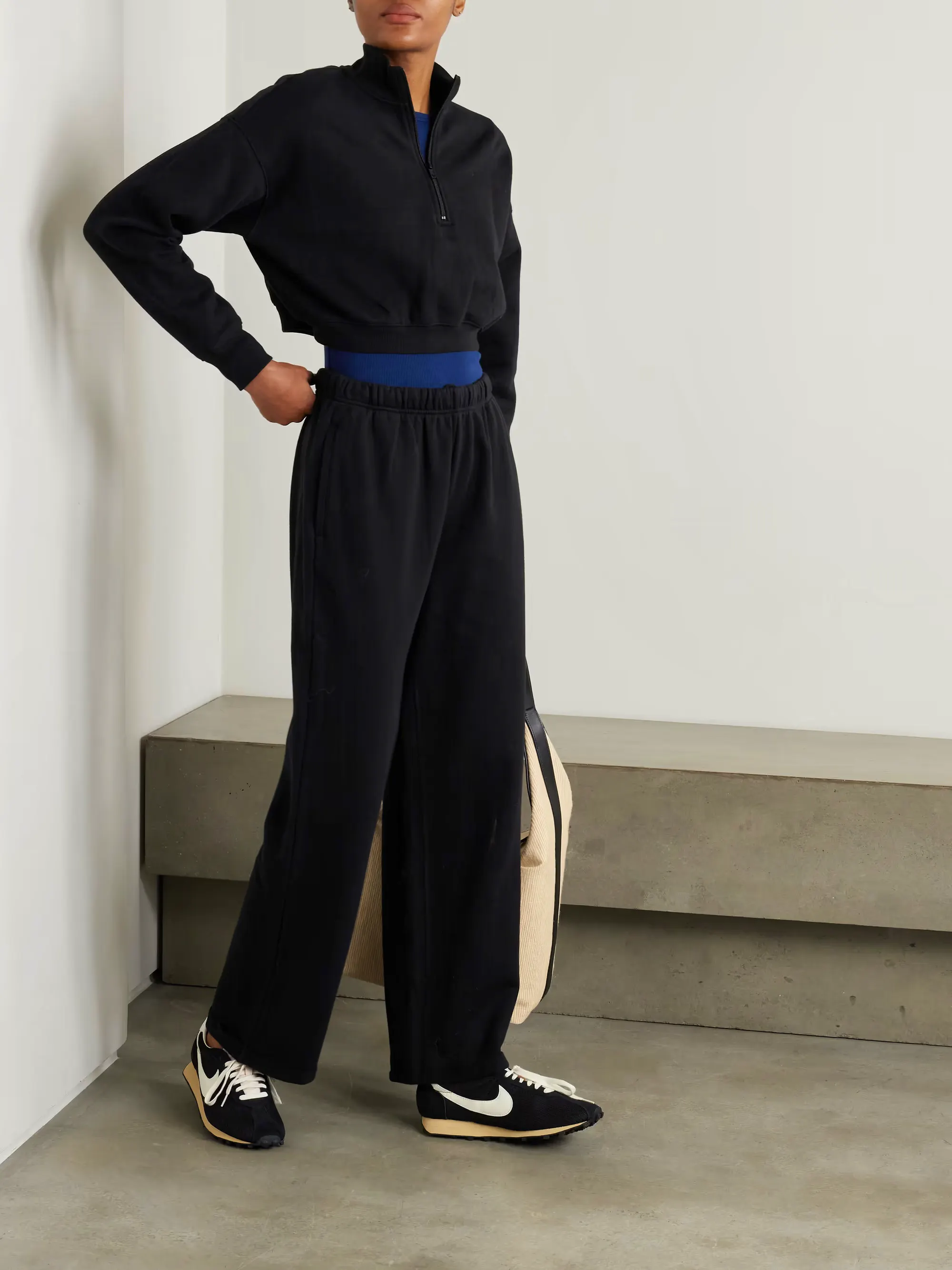 SKIMS Cropped Cotton-blend Jersey Half-zip Sweater - Onyx