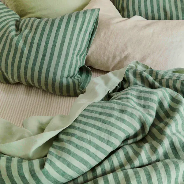 Piglet In Bed Pine Green Pembroke Stripe Linen Blend Duvet Set, £155