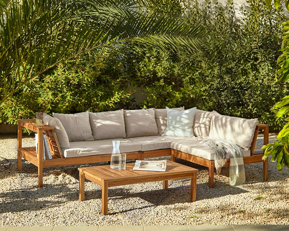 Dakota Wooden Garden Corner Sofa Set - Sand Cushions