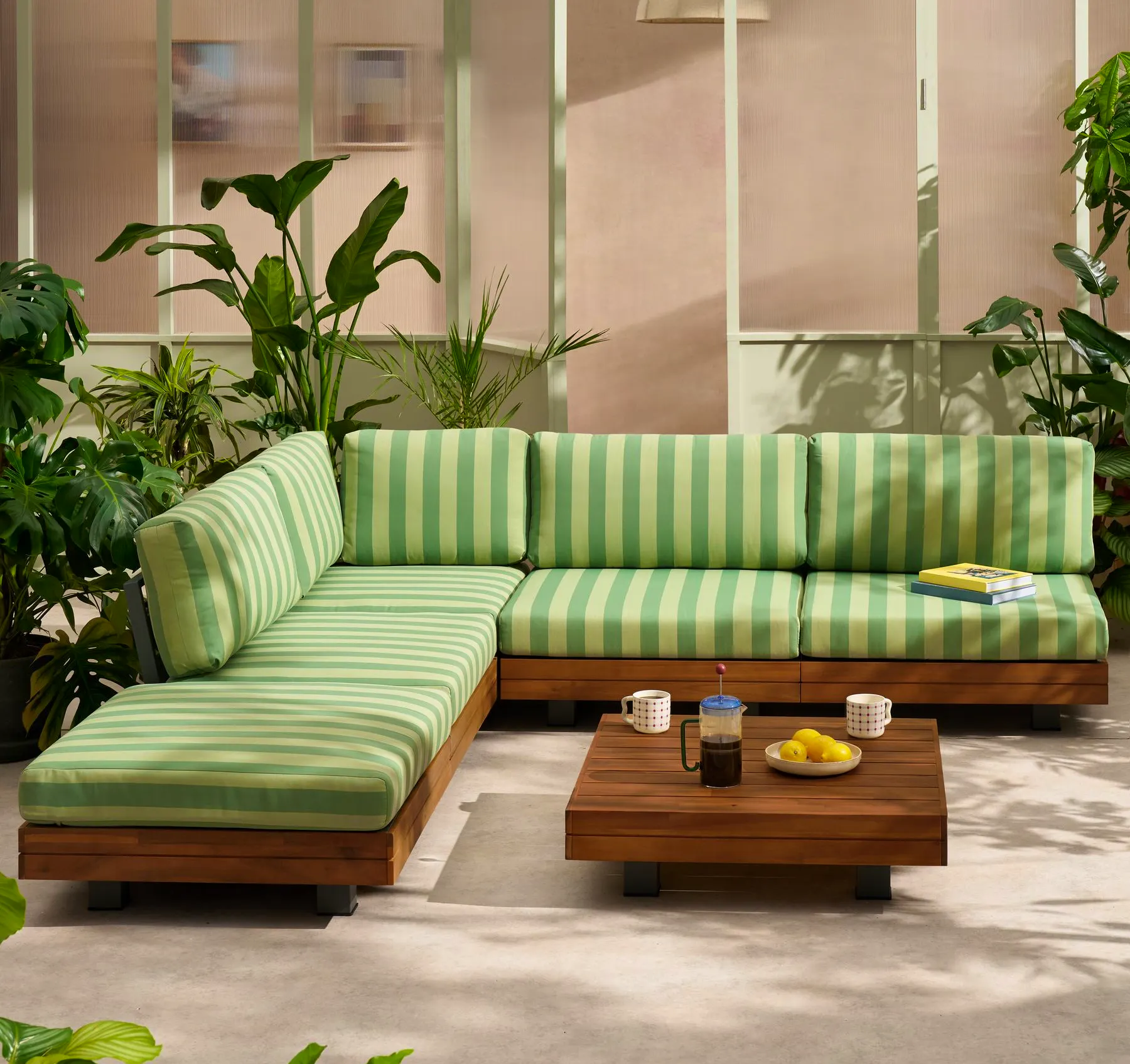 Avarna Garden Wood Corner Lounge Set In Green Stripe
