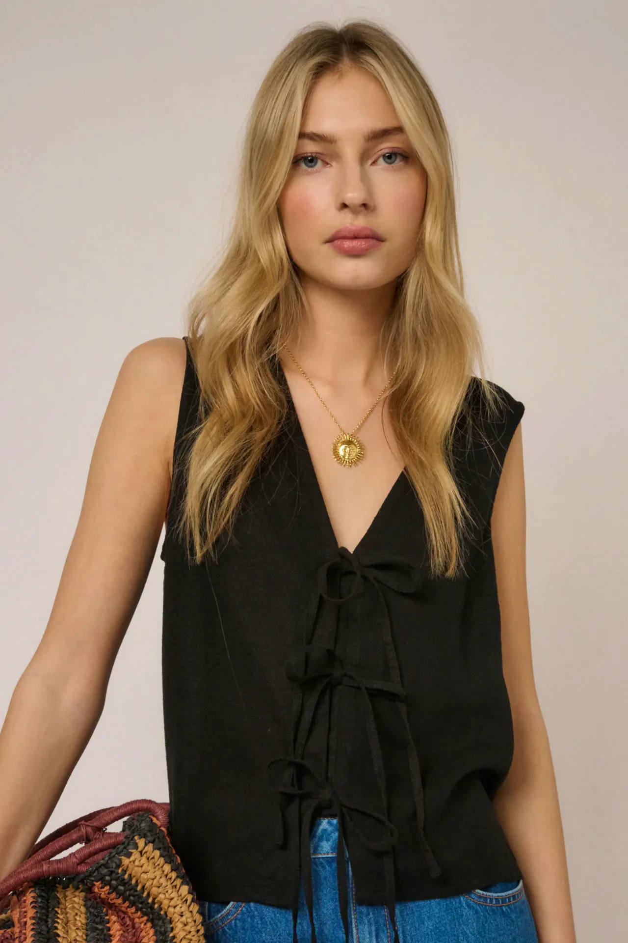 Nobody’s Child Black Linen-Blend Tie Front Tessa Top, £47