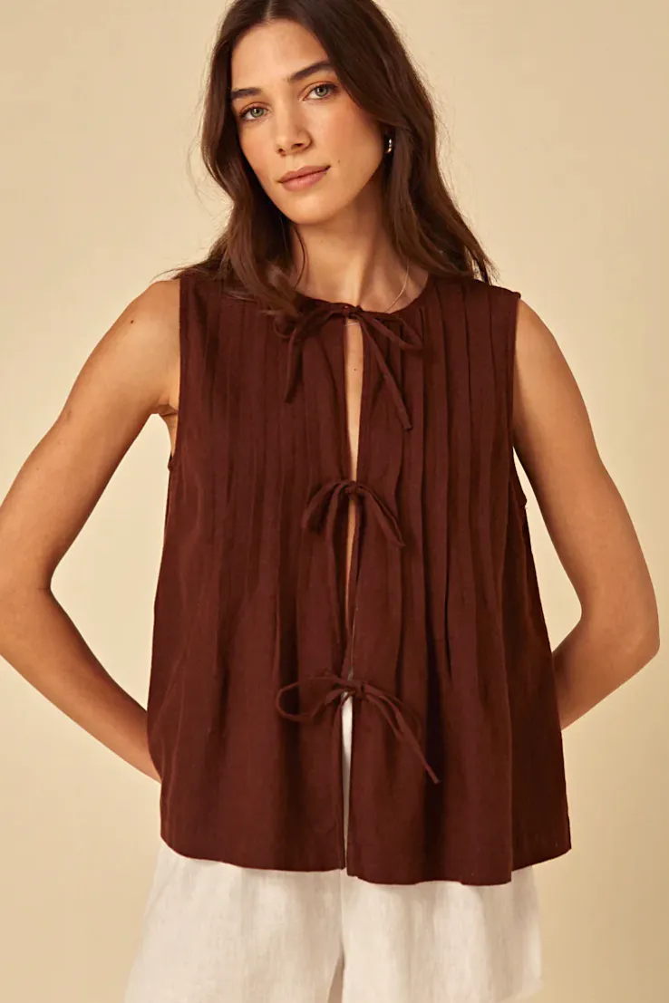 Nobody’s Child Brown Linen-Blend Tie Front Top, £46.75