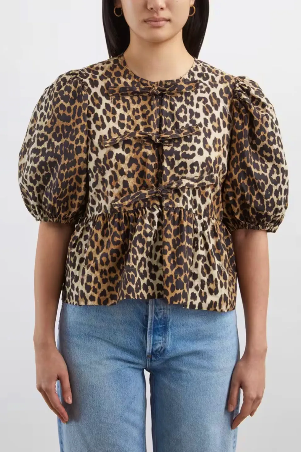 Ganni Leopard Cotton Poplin Peplum Tie Blouse, £185