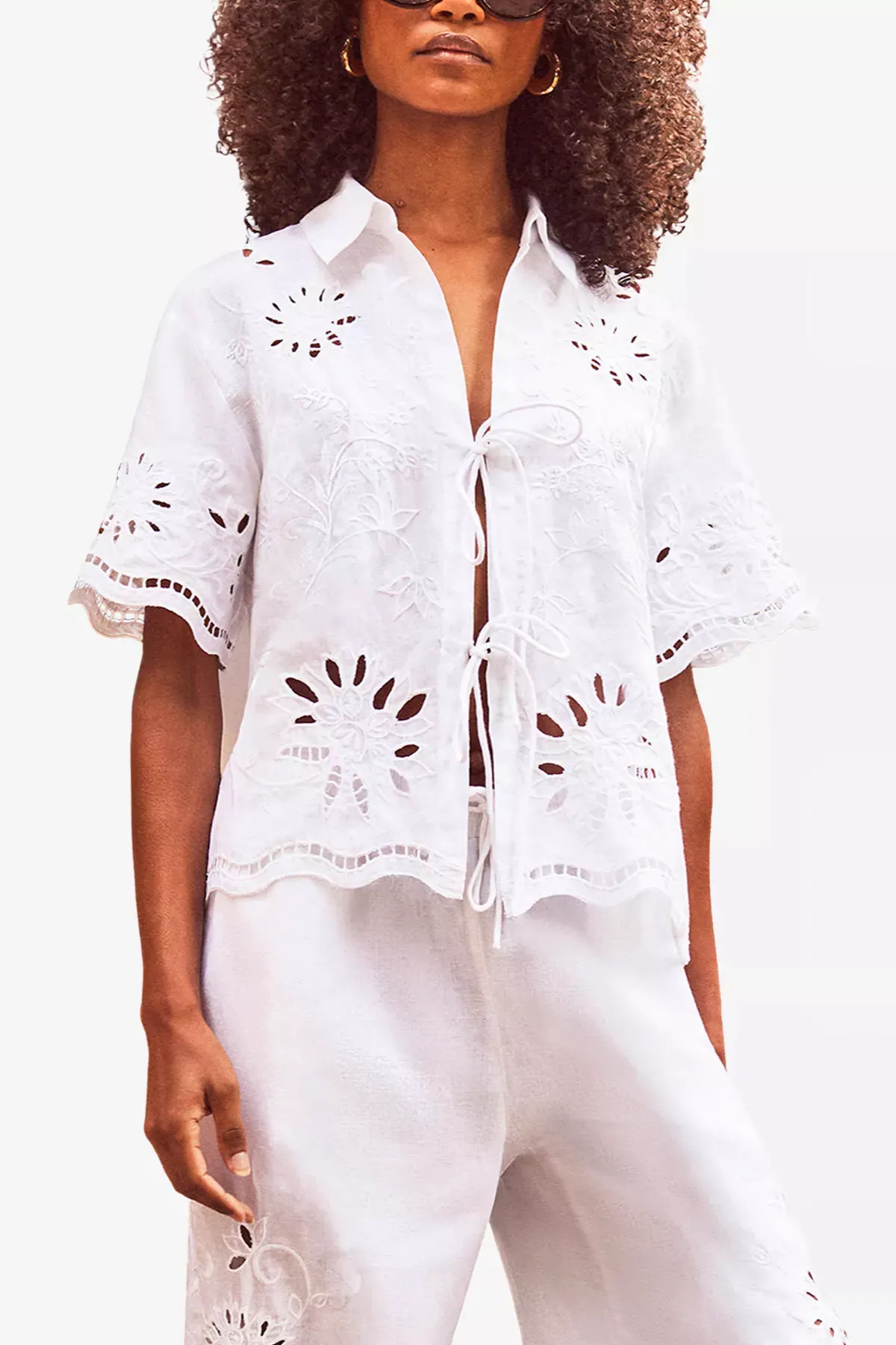 Ro & Zo Broderie Tie-Front Cotton-Blend Shirt, £89