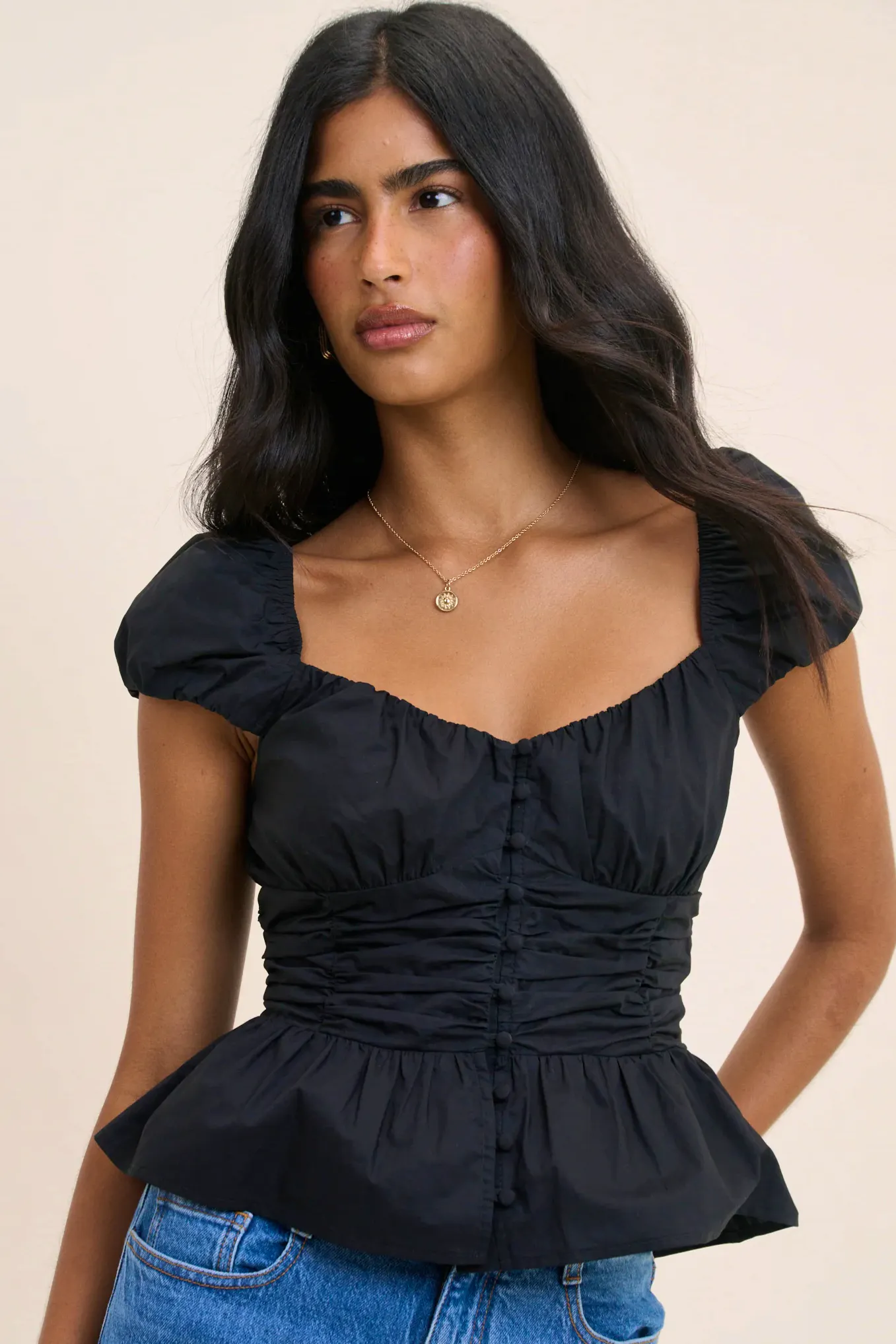 Black Ruched Puff Sleeve Caia Top £55