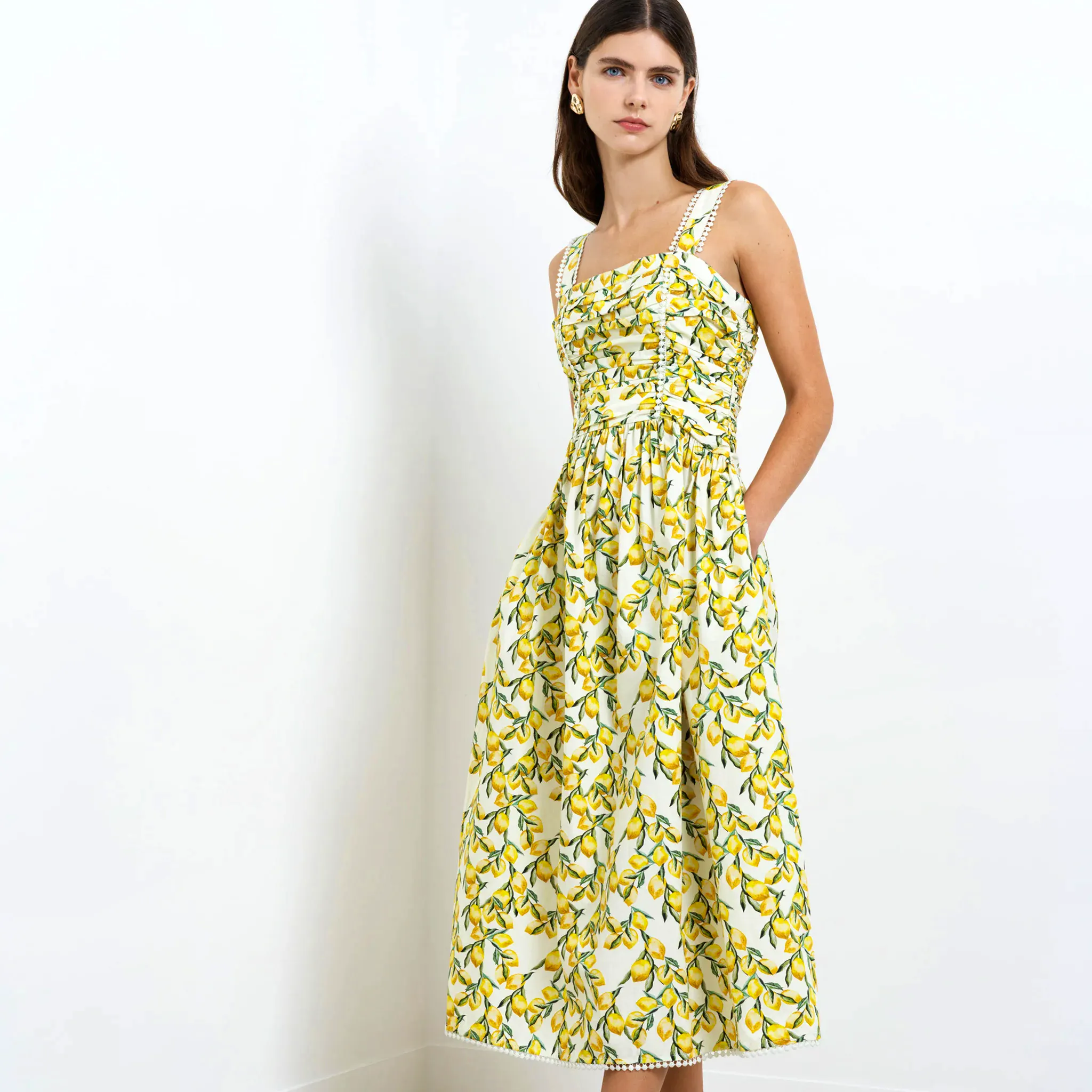 French Connection Barletta Lemon Ruched Sleeveless Midi Dress, £135