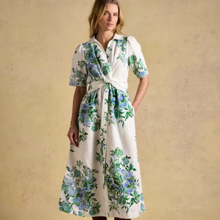 Joules Marina White & Blue Floral Linen Blend Midi Dress, £99