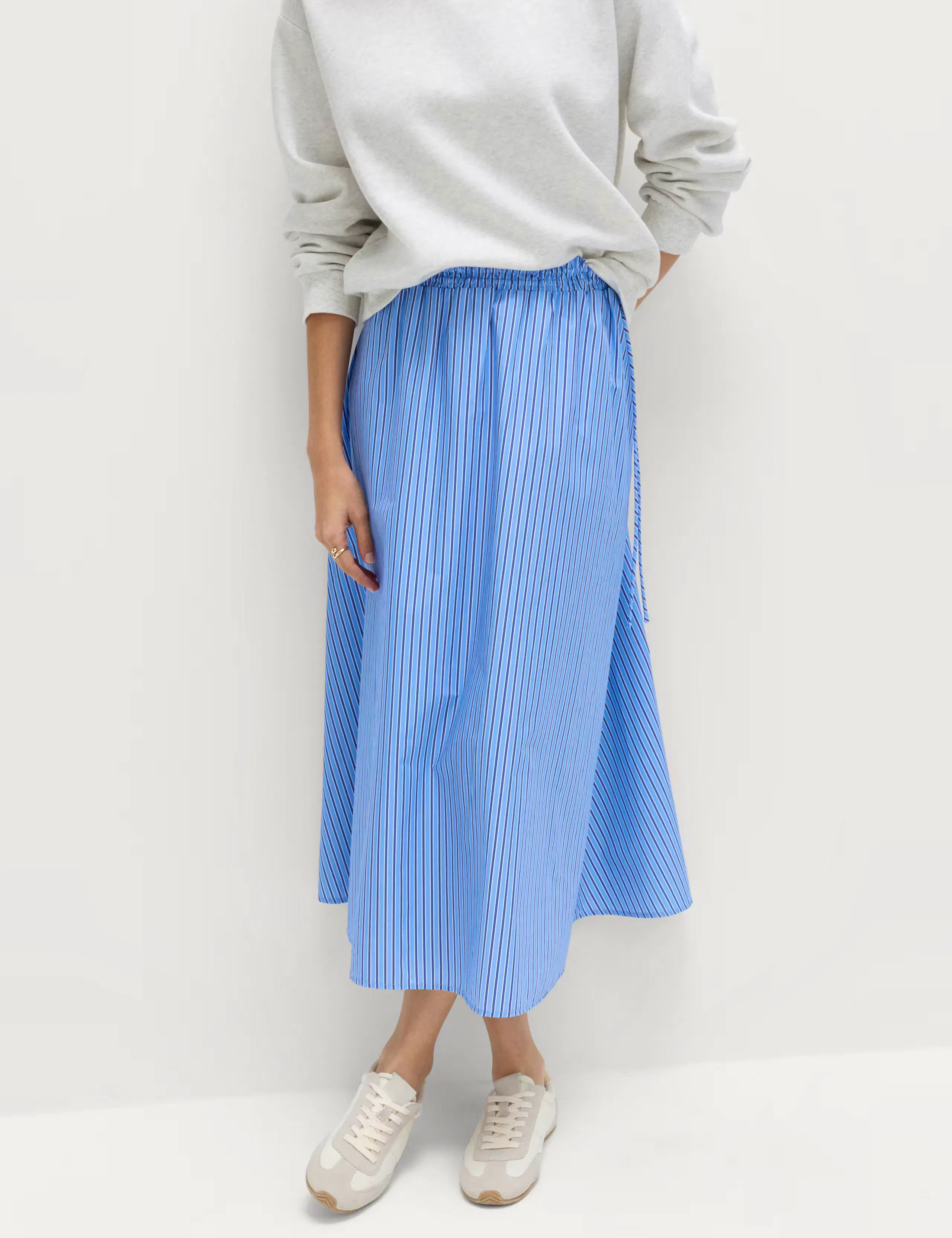 M&S Pure Cotton Poplin Striped Pleated Midi Skirt 
