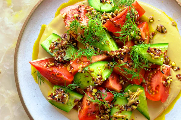 Tomato And Cucumber Salad With Tahini And Spicy Dukkah Oil