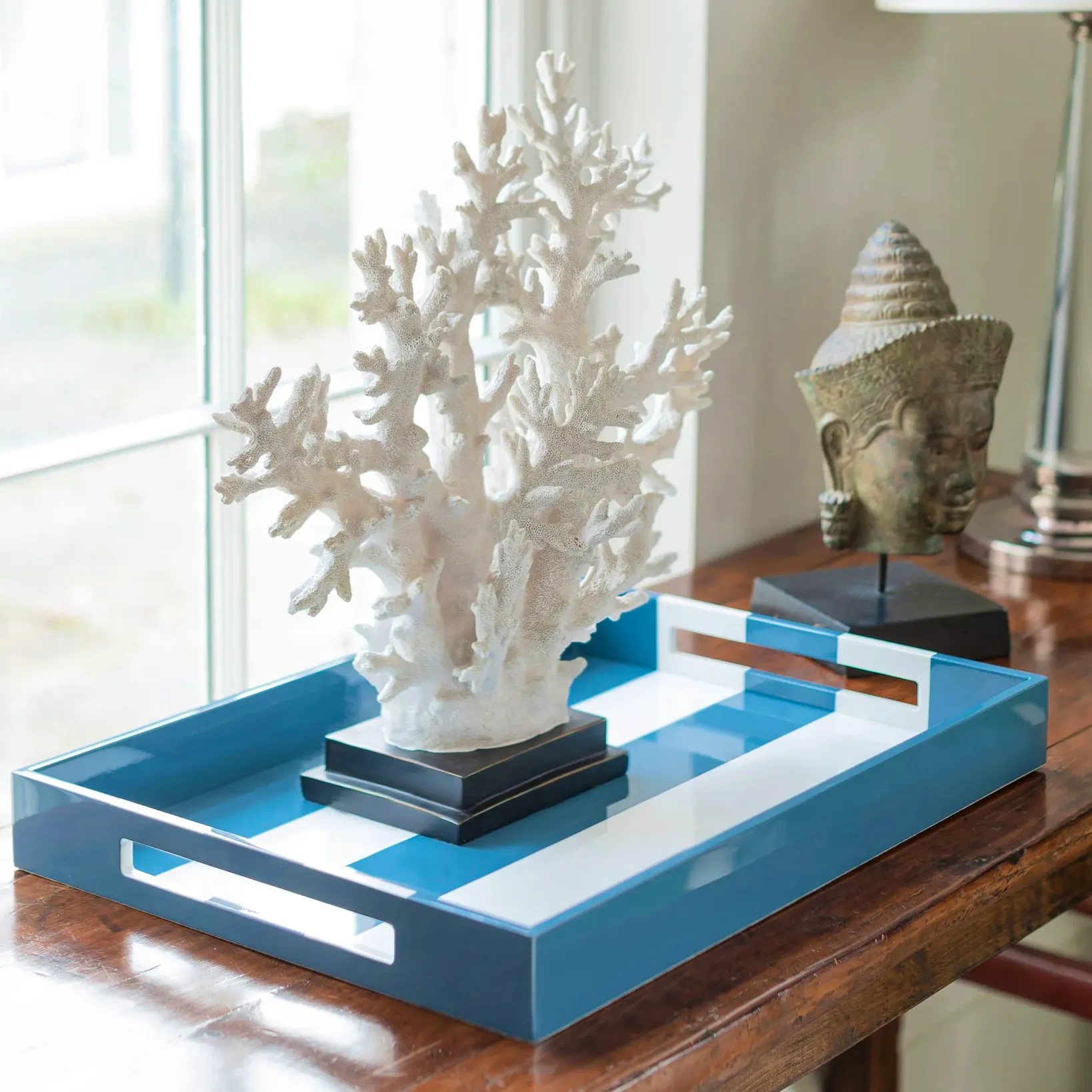 Addison Ross Denim Blue Striped Large Lacquered Ottoman Tray, £200