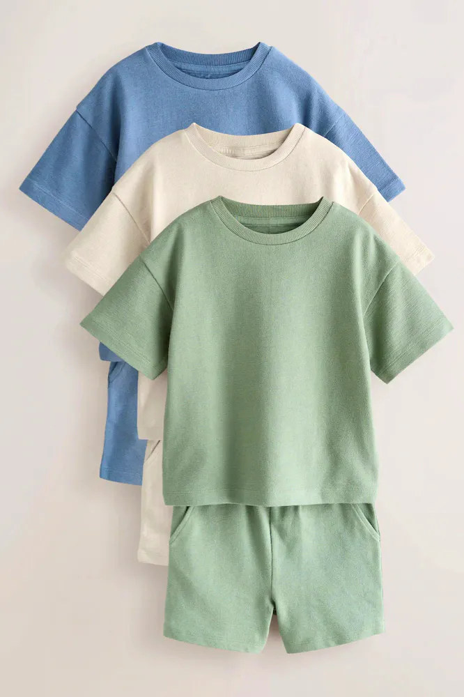 Next Blue/Green/Neutral Textured Short Sleeve T-Shirt & Shorts Set (3 Pack), £26– £32