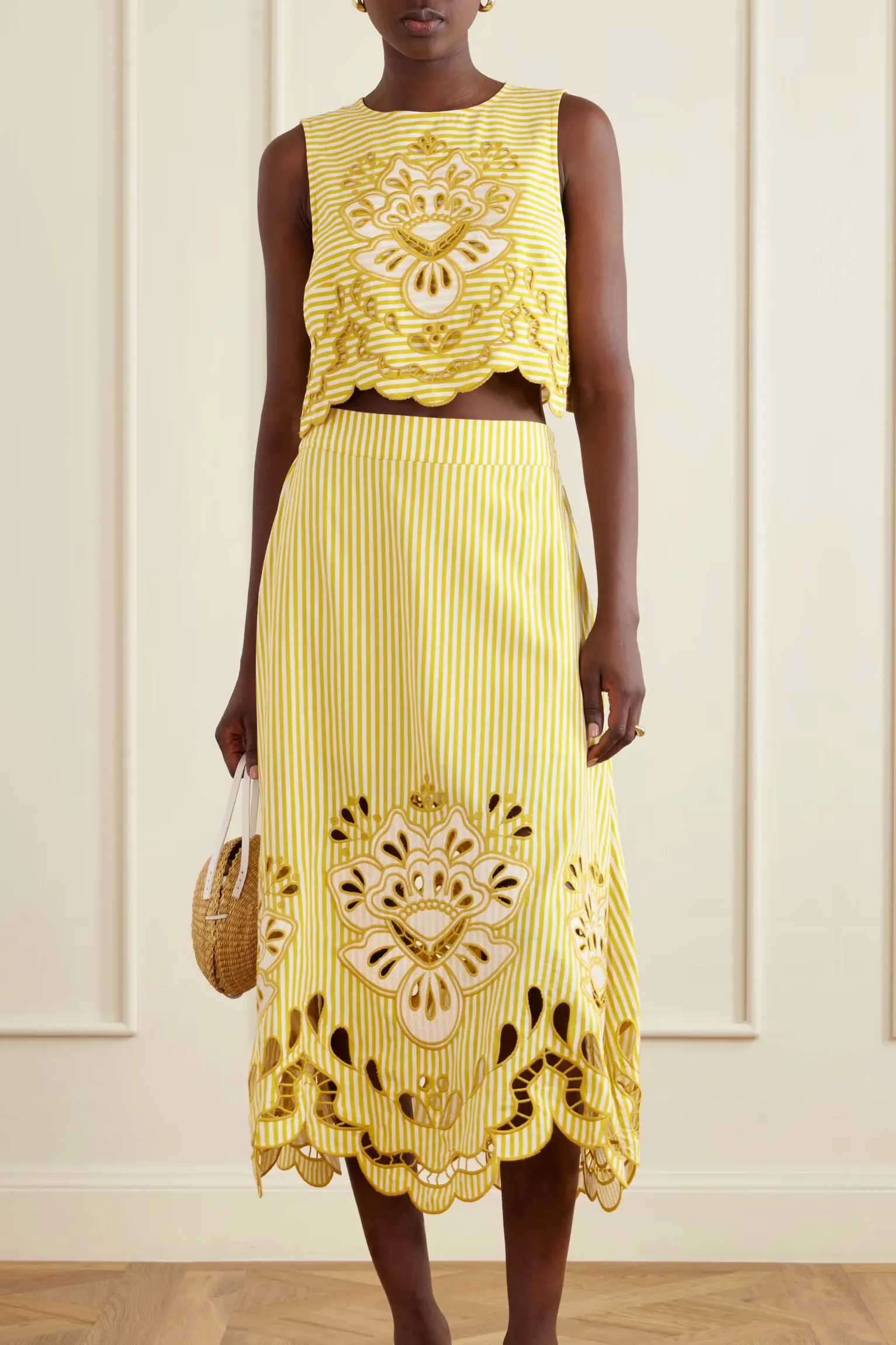 Farm Rio Striped Linen Broderie Anglaise Midi Skirt, £320