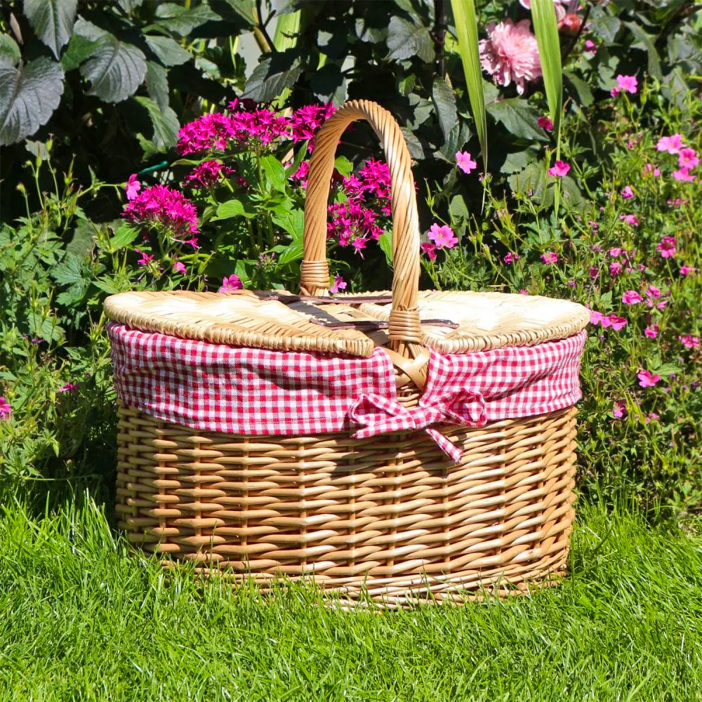 The Basket Company Oval Lidded Wicker Picnic Basket Red Check Lining, £50