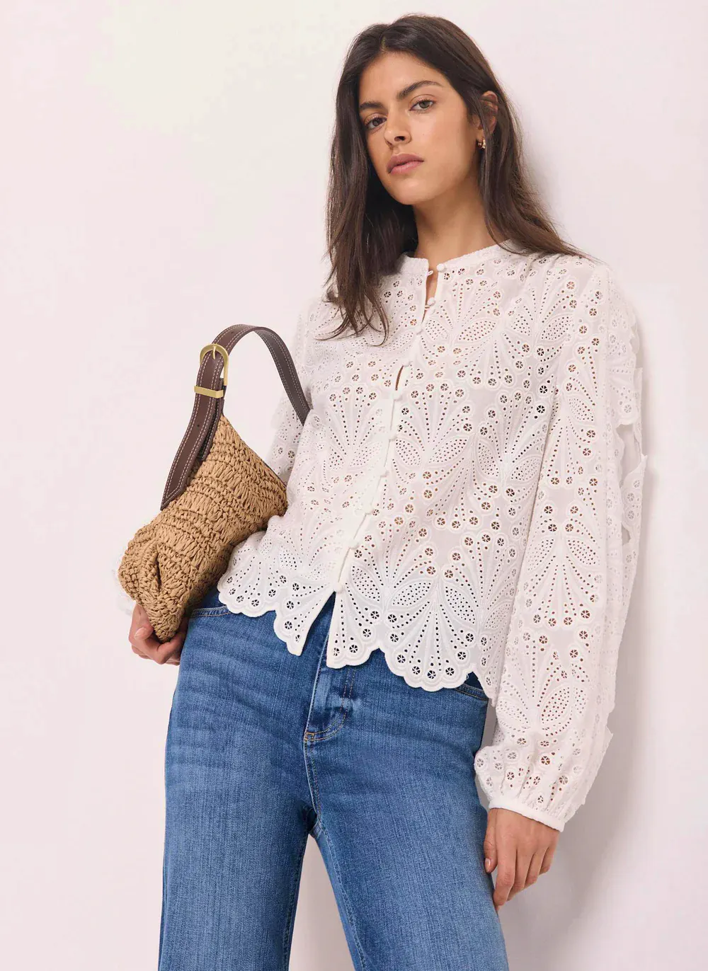 Mint Velvet White Cotton Broderie Detail Blouse, £99