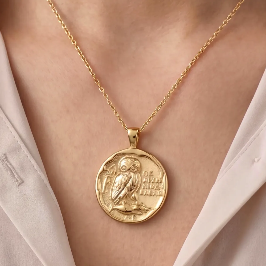 Wolf & Badger Athena's Owl Greek Coin Gold Vermeil Necklace, £184
