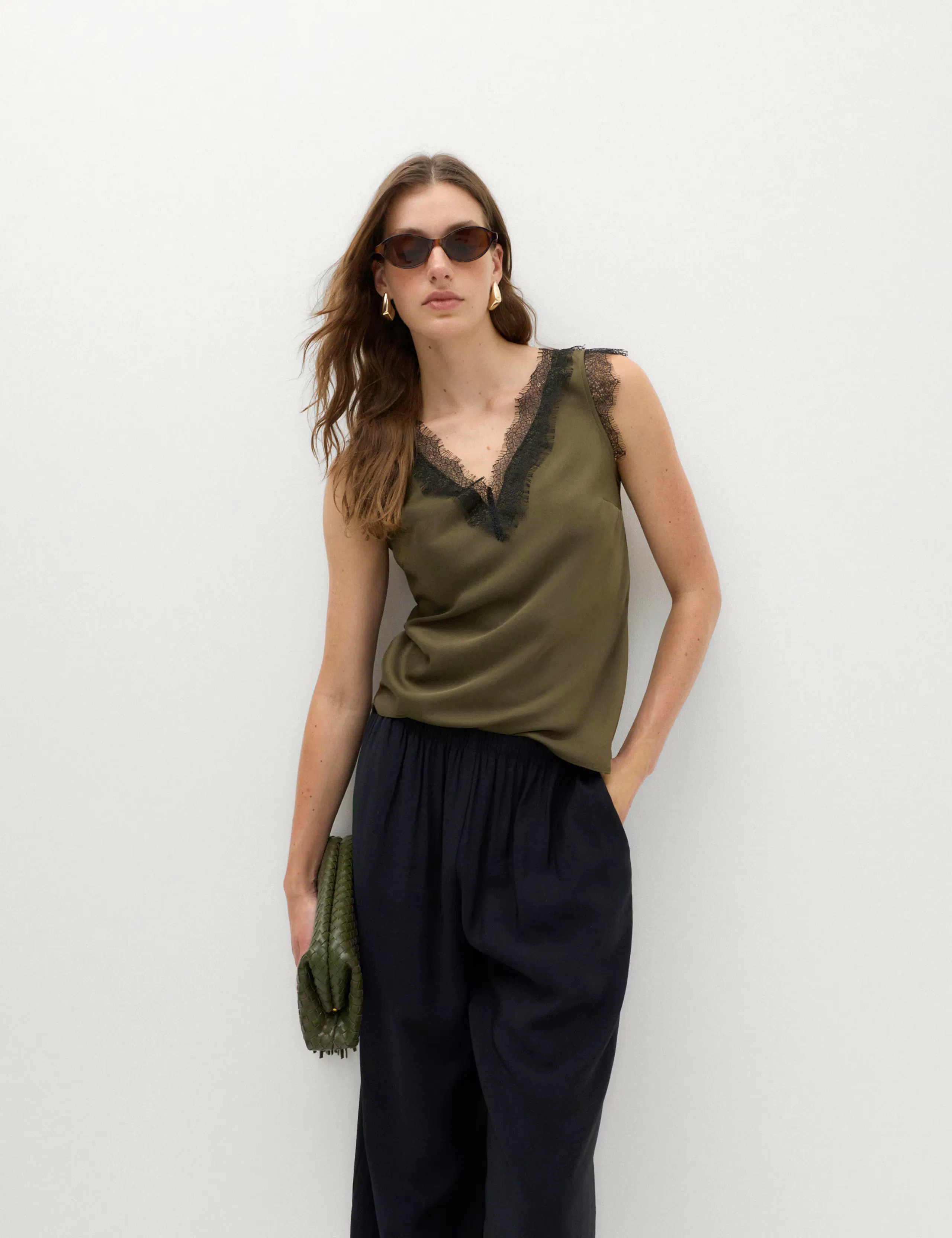 Satin V-Neck Lace Insert Cami Top