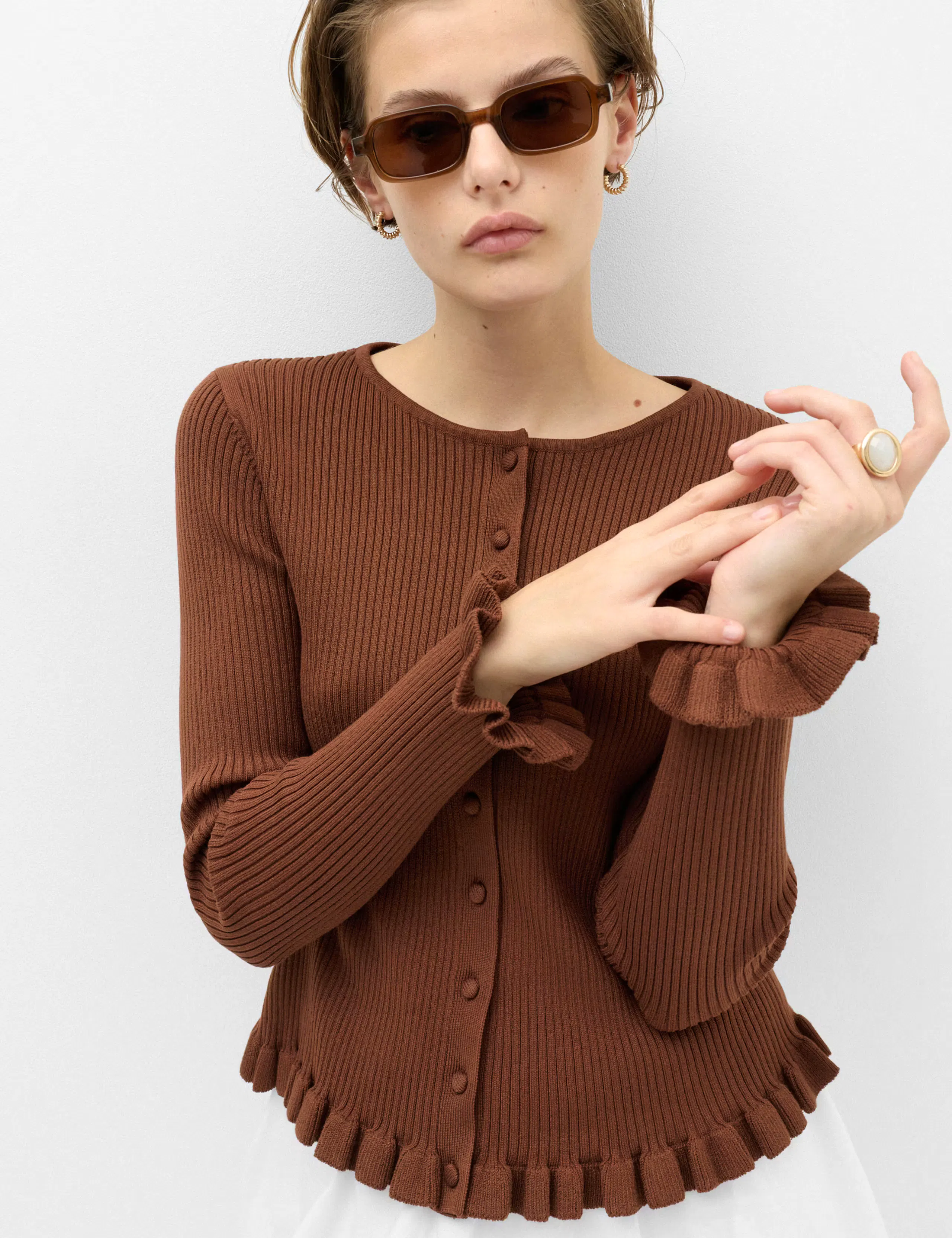 Ribbed Frill Detail Slim Fit Cardigan