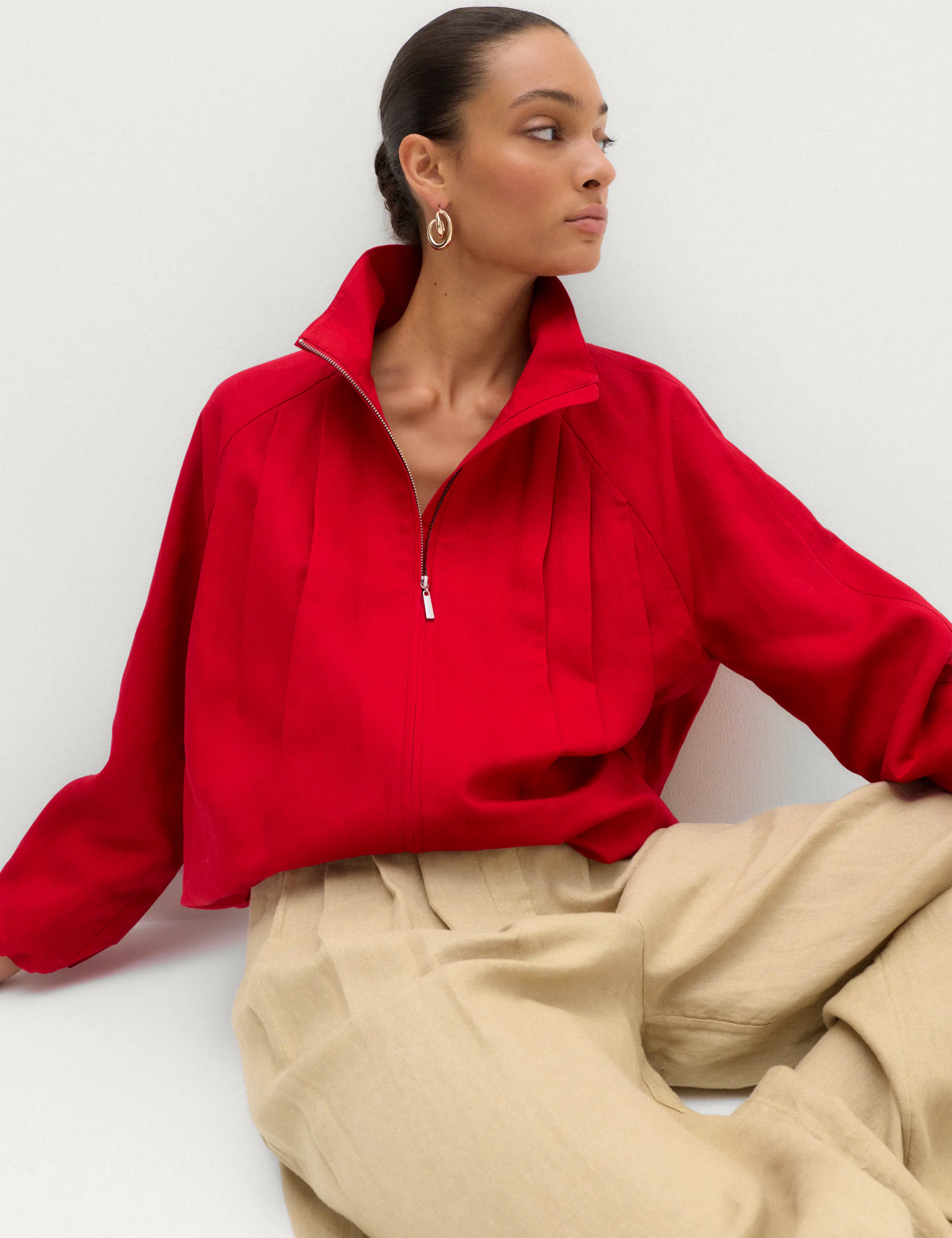 Lyocell Rich Pleated Funnel Neck Jacket