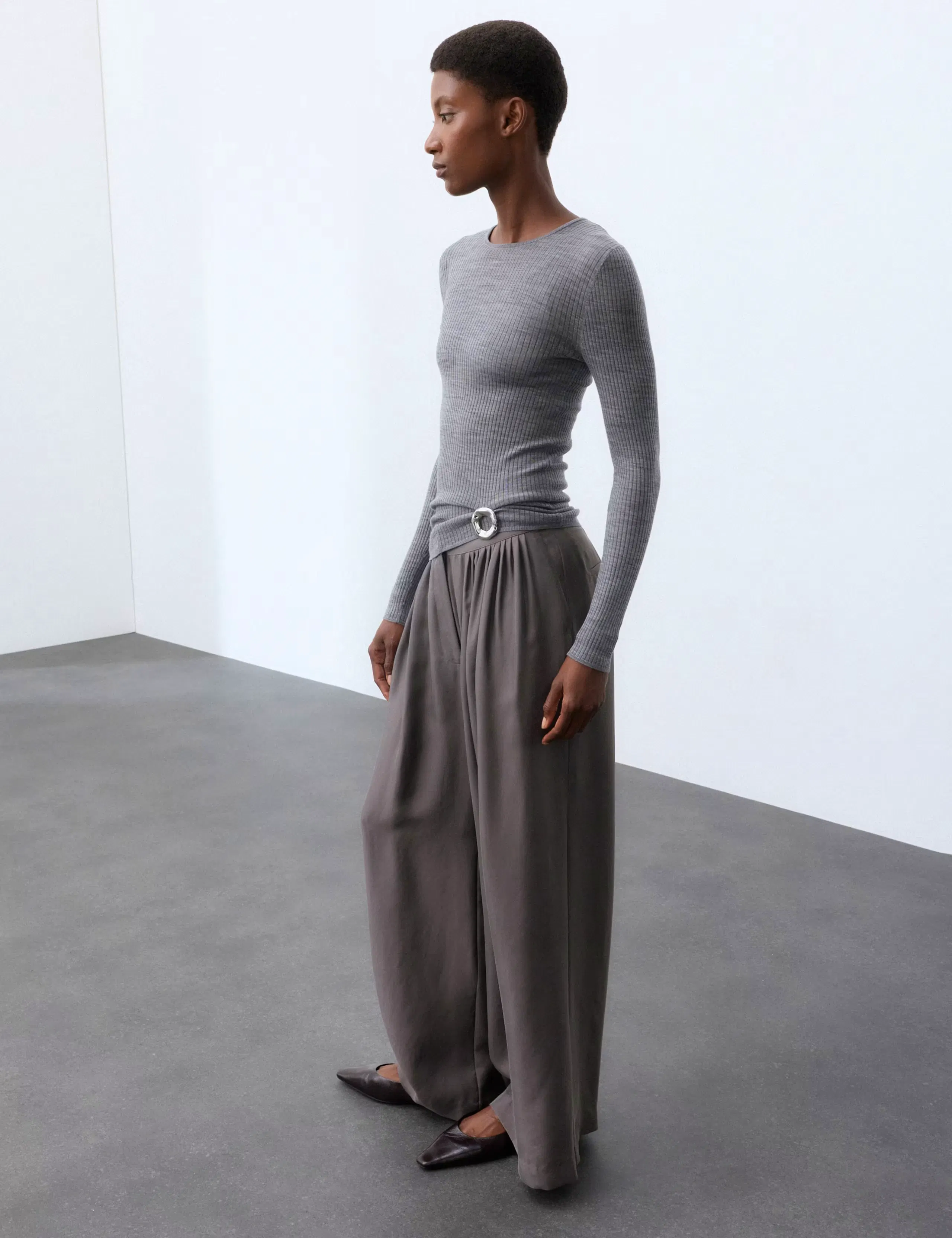 Pure Silk Gathered Waist Wide Leg Trousers