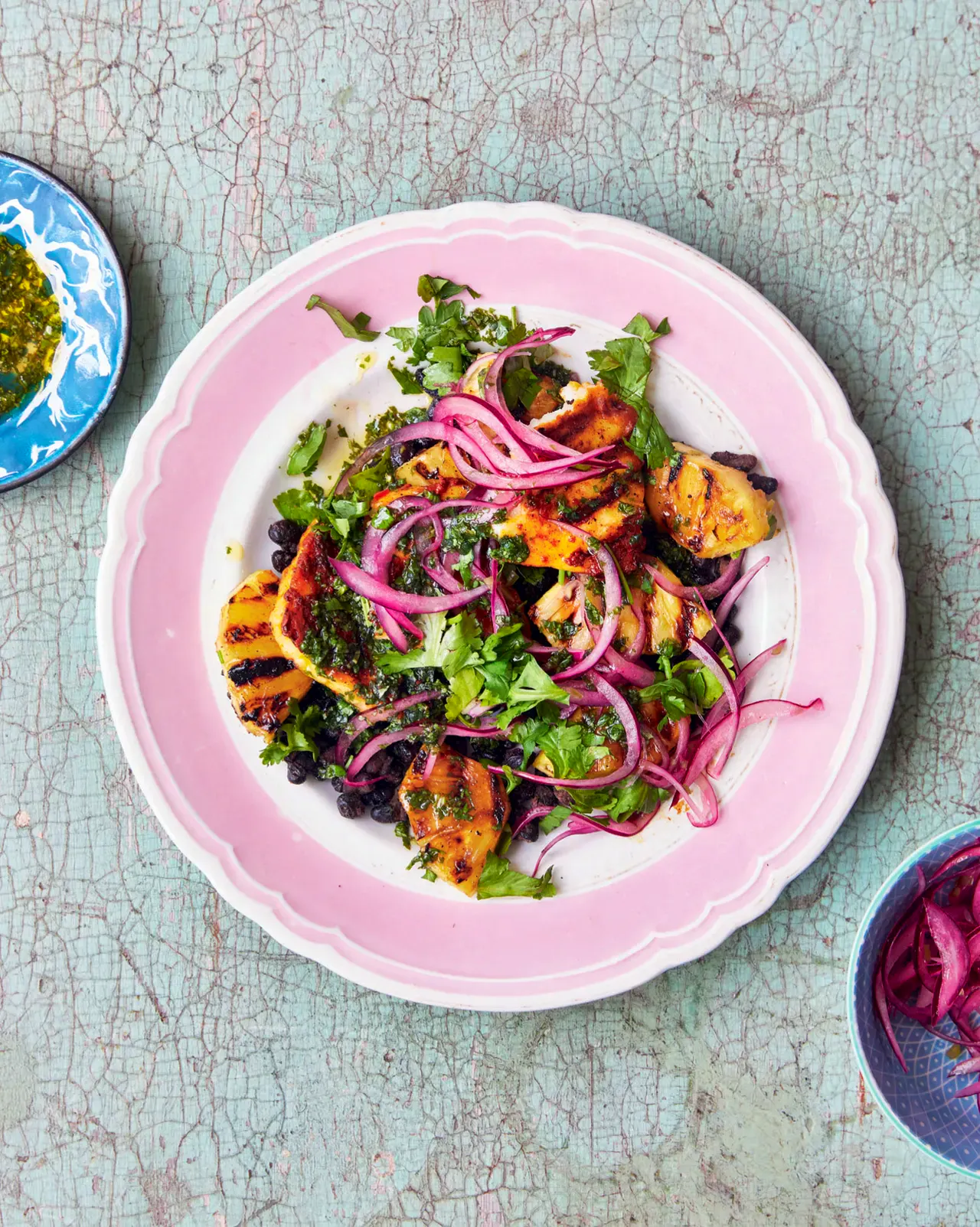 Grilled Pineapple And Halloumi Salad With Pink Pickled Onions
