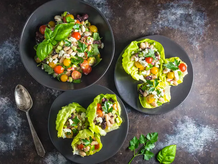 Quick-Marinated White Bean Salad And Feta Lettuce Cups