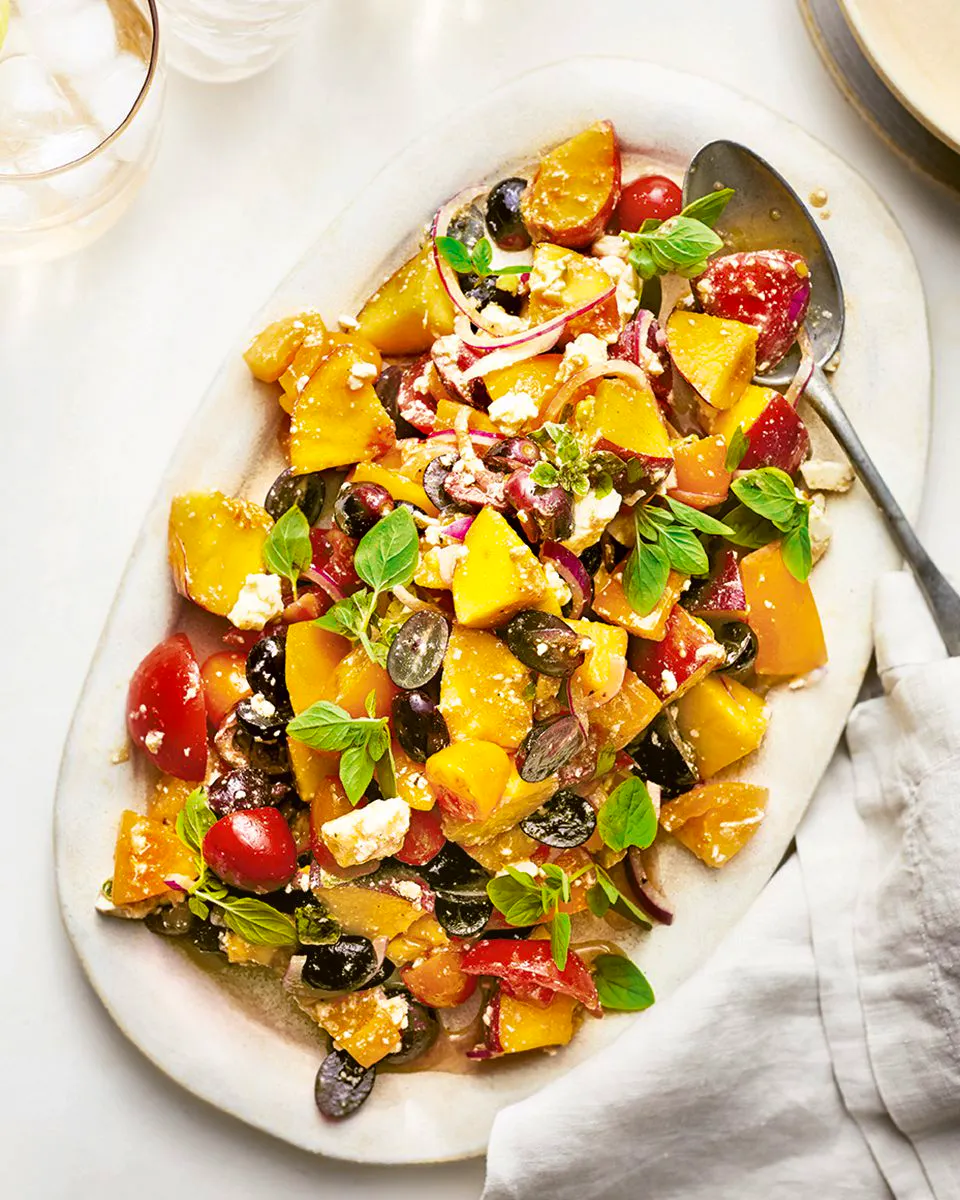 Tomatoes With Peaches, Grapes, Feta And Oregano 