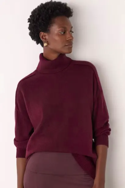 Whistles Seam Roll Neck Pure Cashmere Jumper, Burgundy, £199