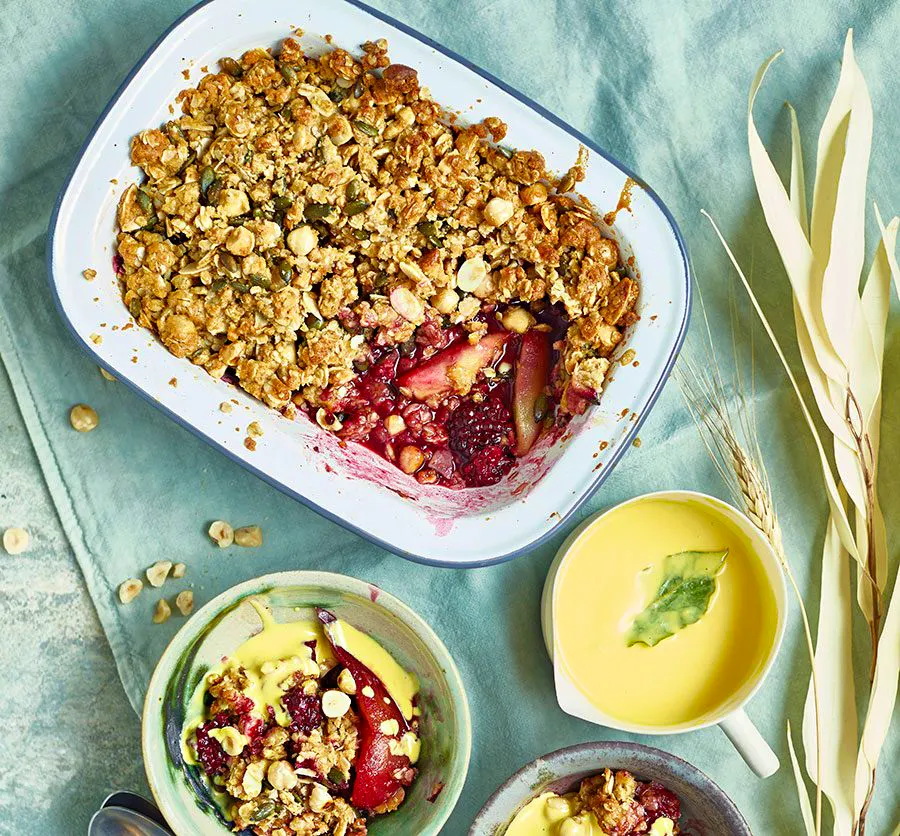 Pear & Blackberry Crumble With Bay Leaf Custard
