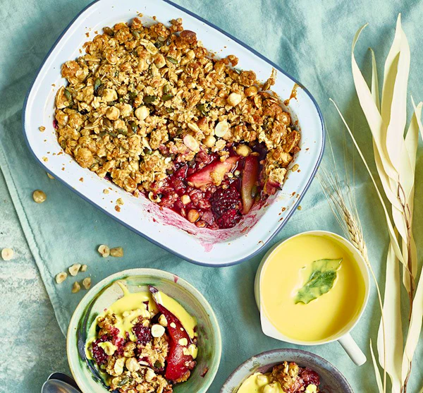 Pear & Blackberry Crumble With Bay Leaf Custard