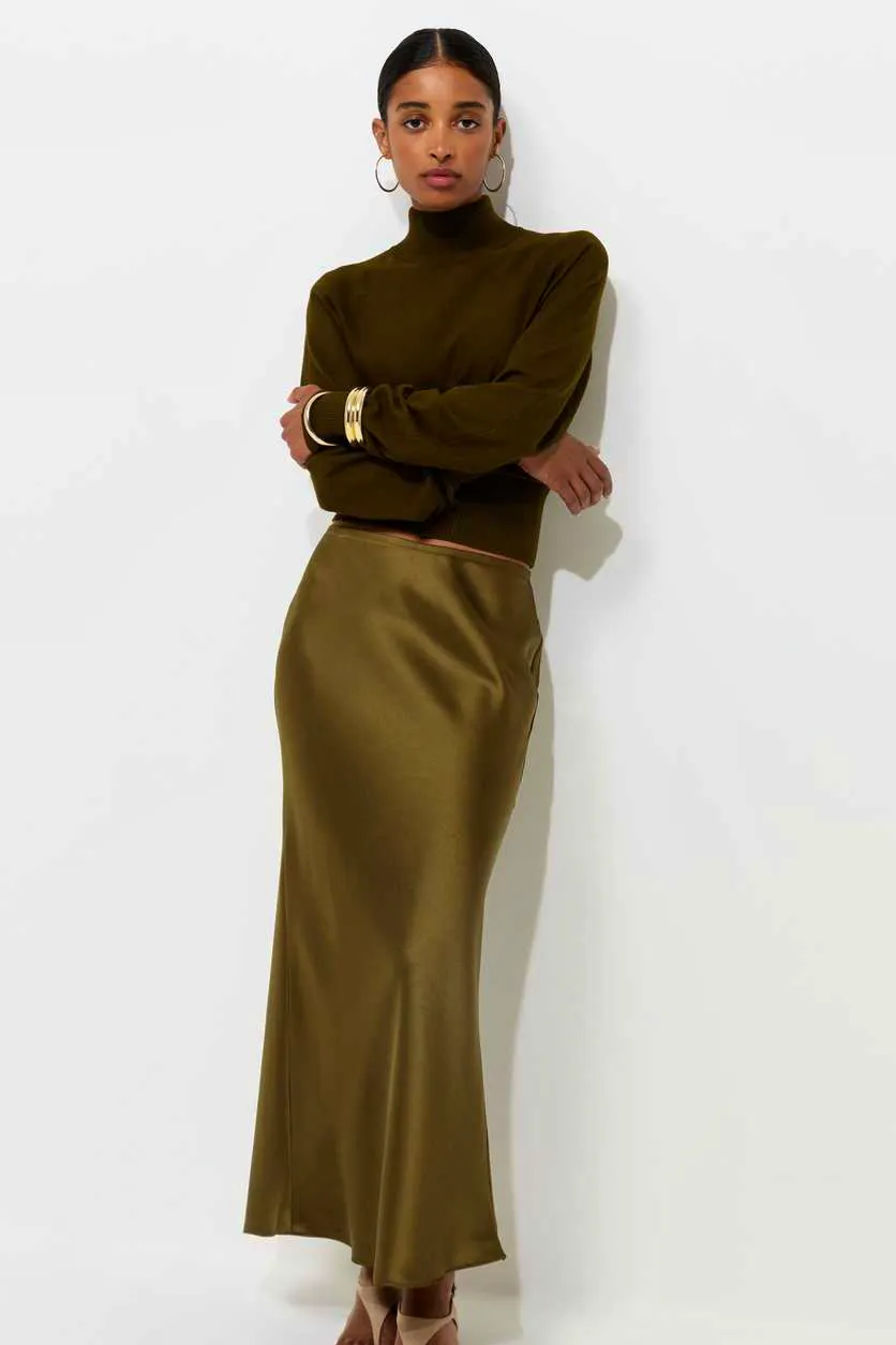 New Look Dark Khaki Satin Bias Cut Midi Skirt, £24.99