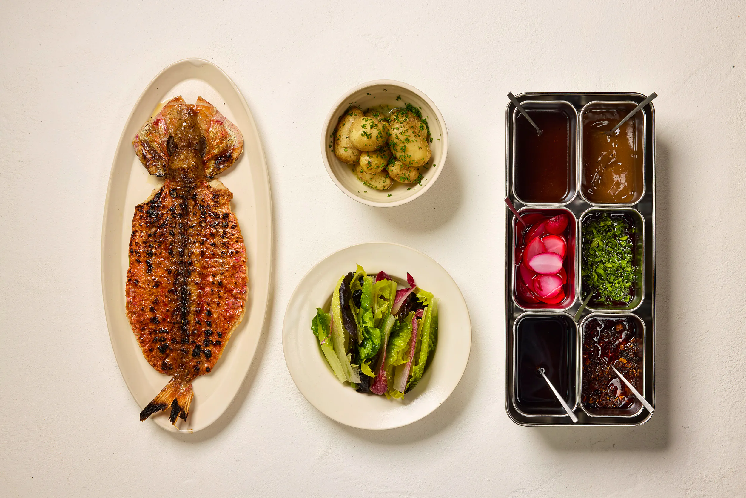 Market Fish, Garden Salad, Potatoes, House Condiments
