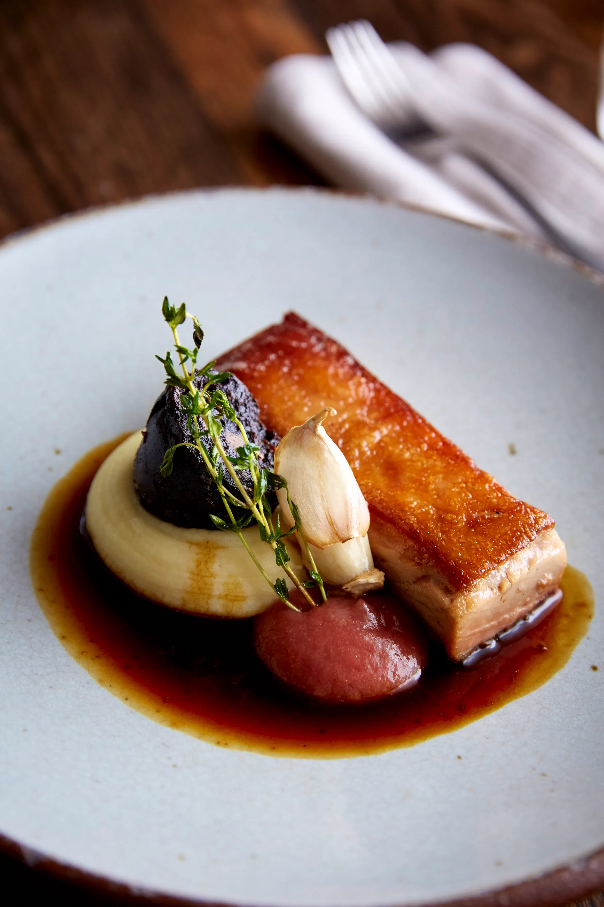 Massey_GH_Pork Belly, Black Pudding, Mash, Rhubarb