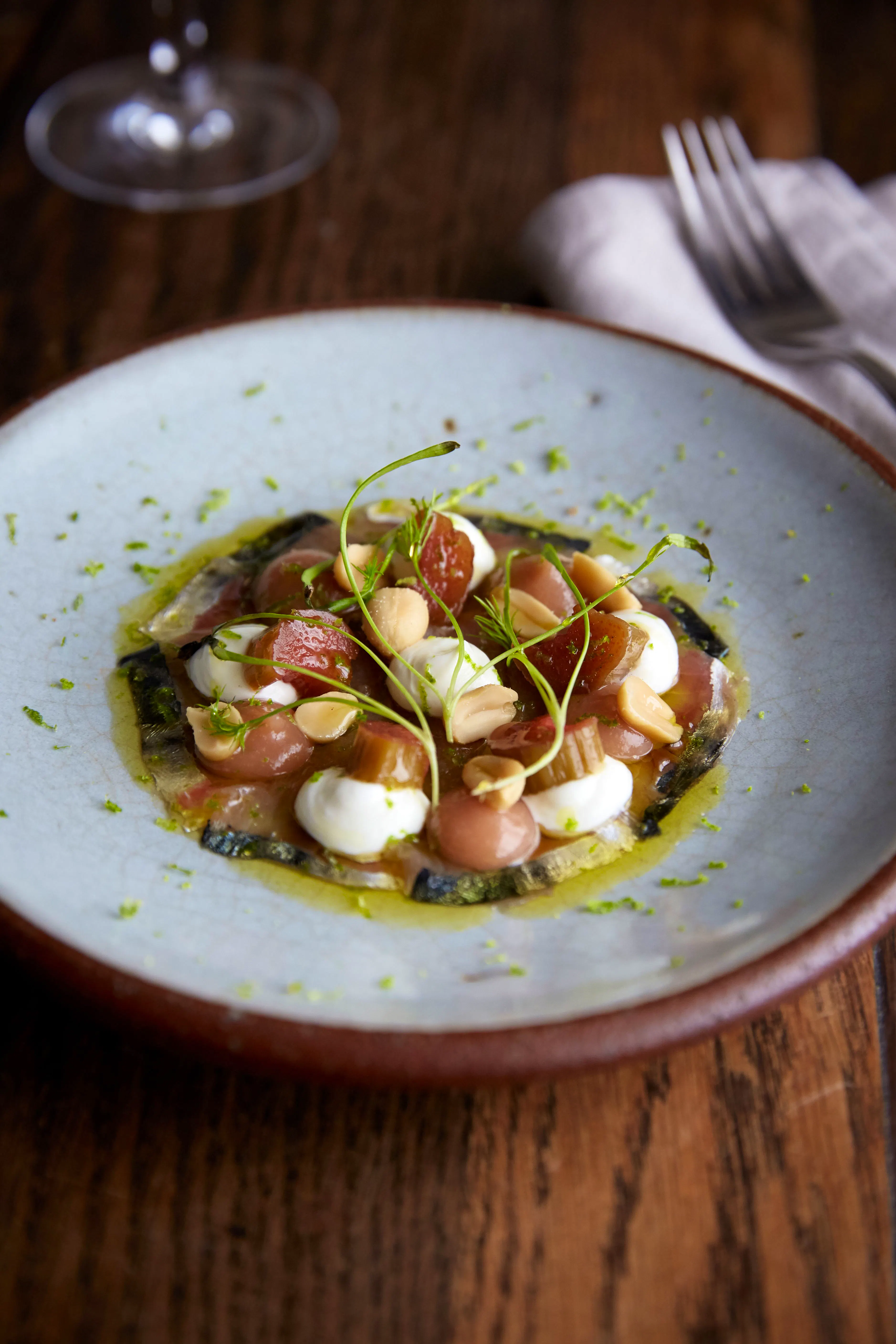 Massey_GH_Raw Mackerel, Rhubarb, Ginger, Lime Yoghurt, Peanuts