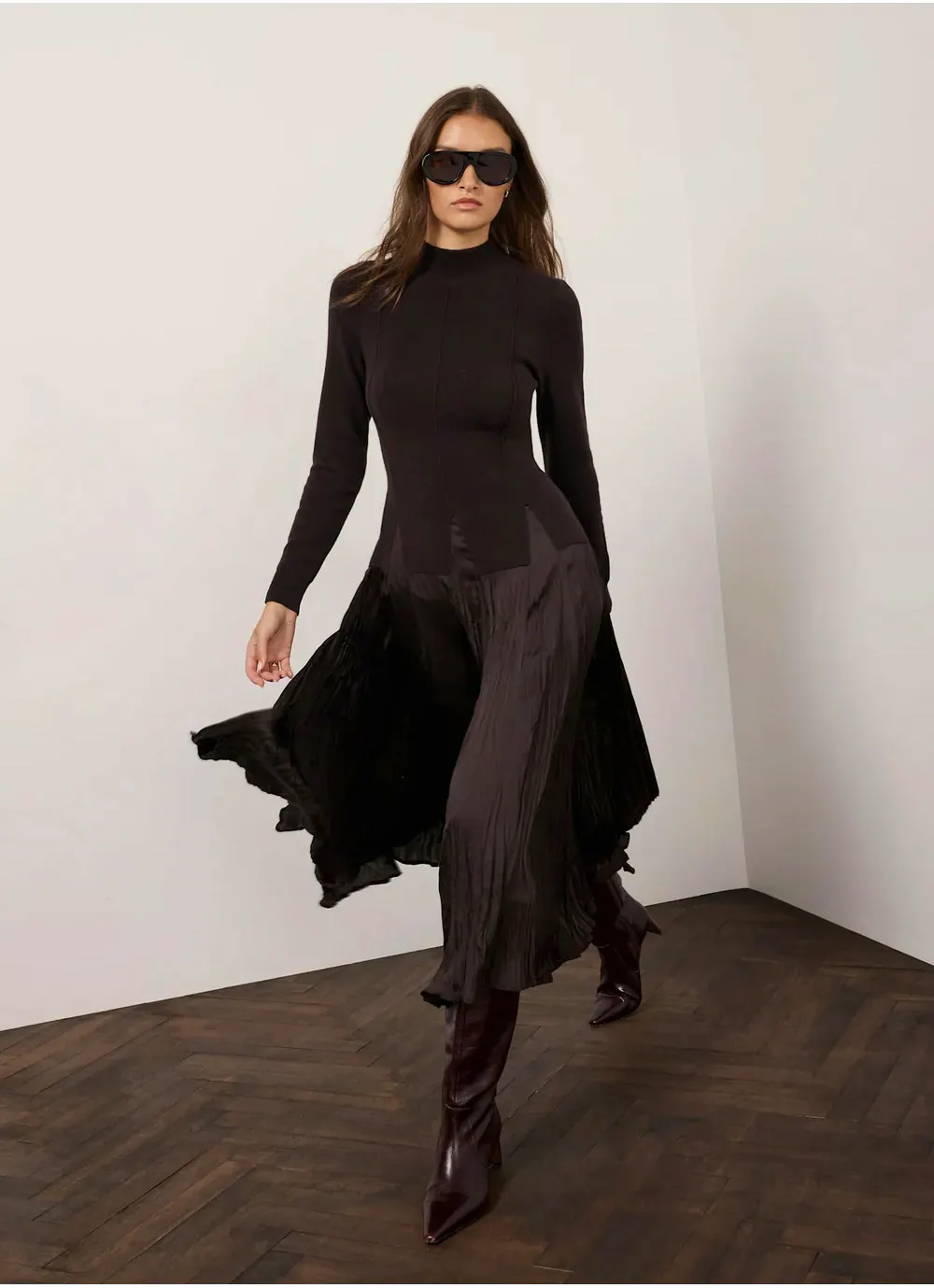 Brown Layered Dropwaist Knit Crinkle Midi Dress, £160 