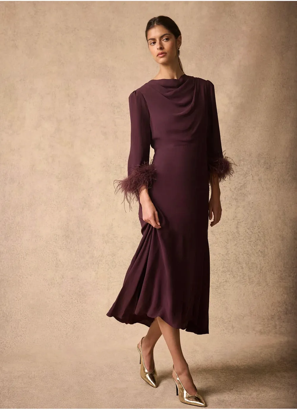 Burgundy Feather Midi Dress, £230 