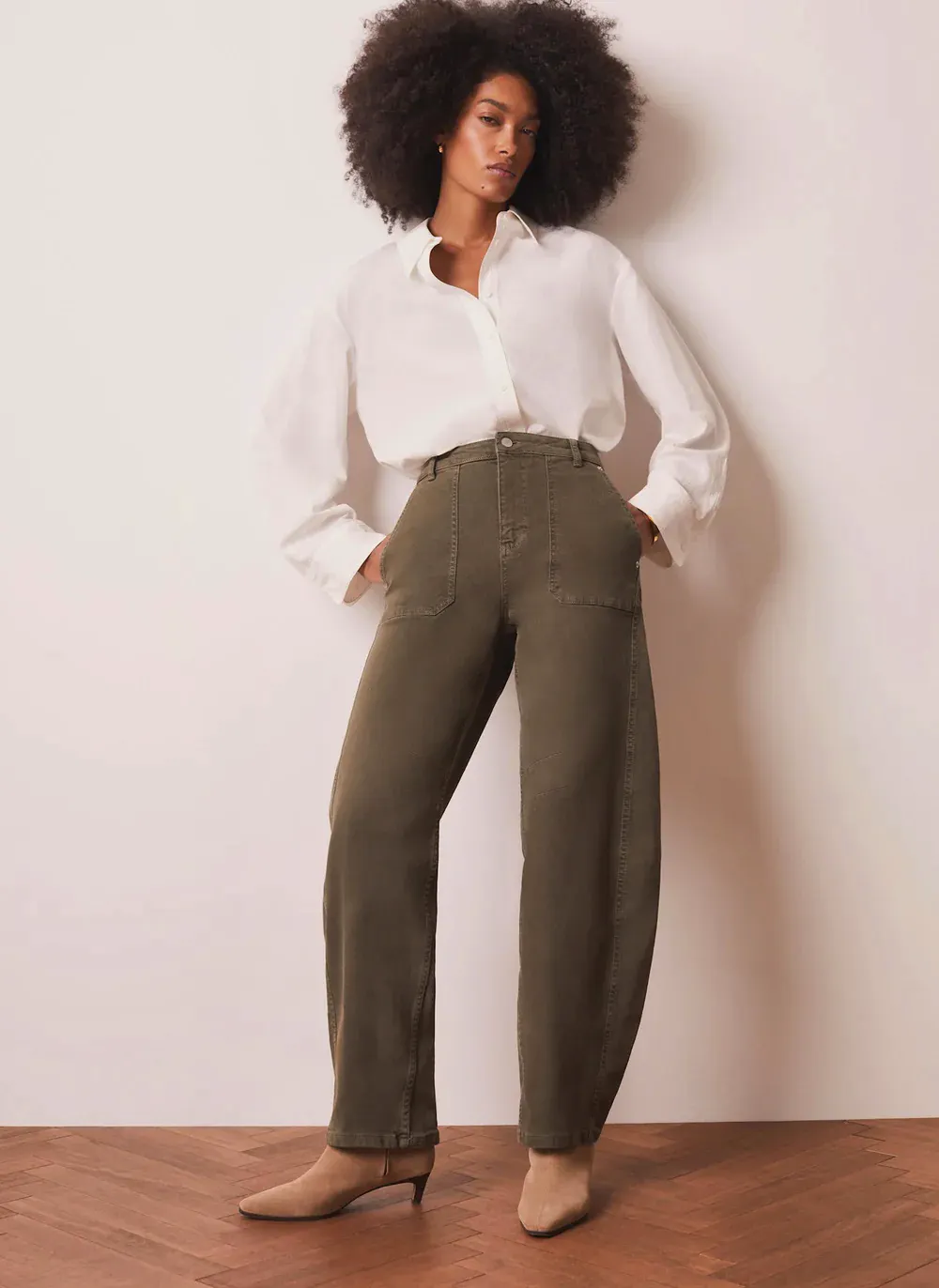 Khaki Utility Barrel Jeans, £110 