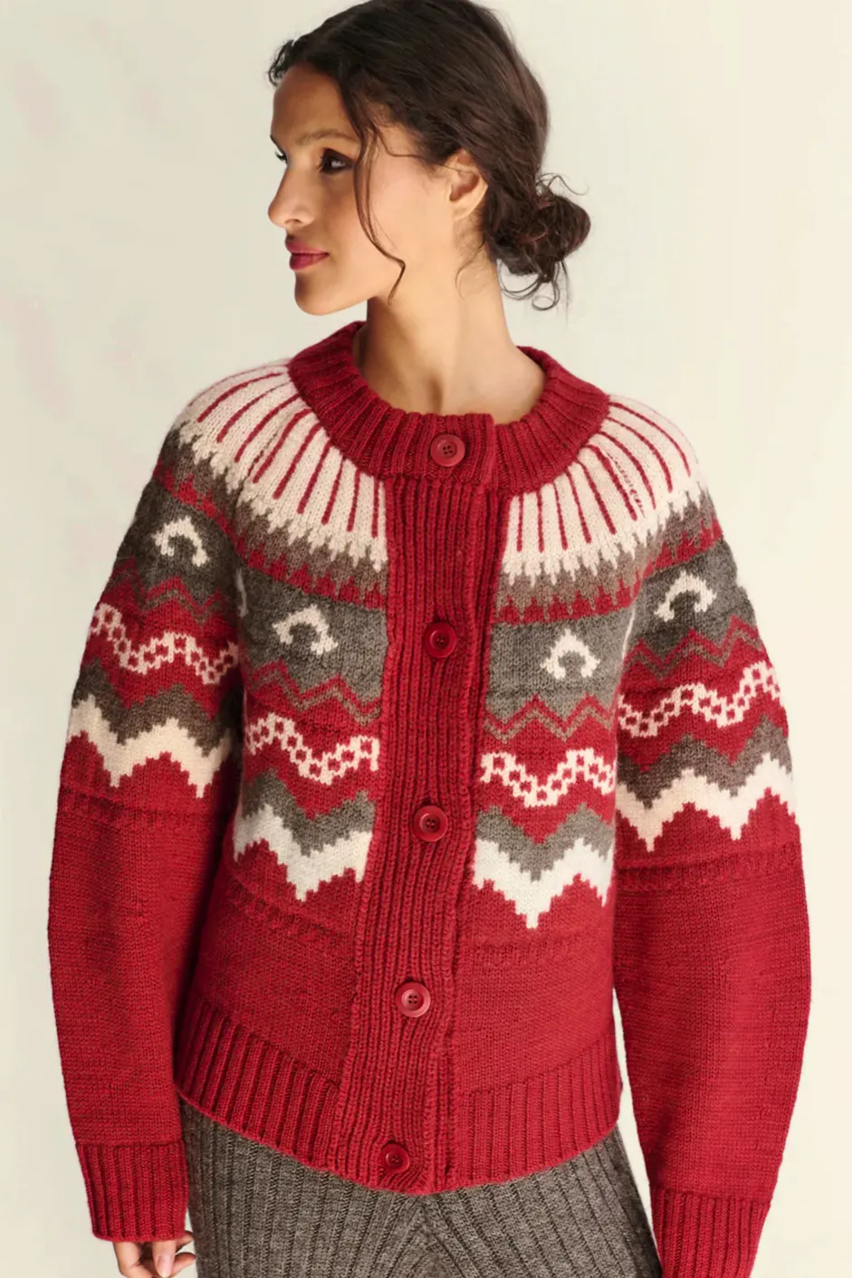 Herd Fleetwood Cardigan in Jam with Peat & Ecru, £595