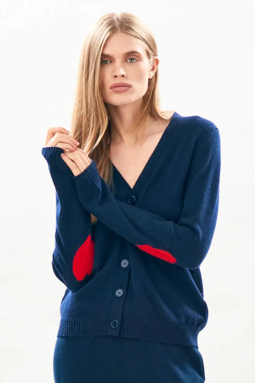 Jumper 1234 Heart Patch Cashmere Cardigan in Navy and Red, £269