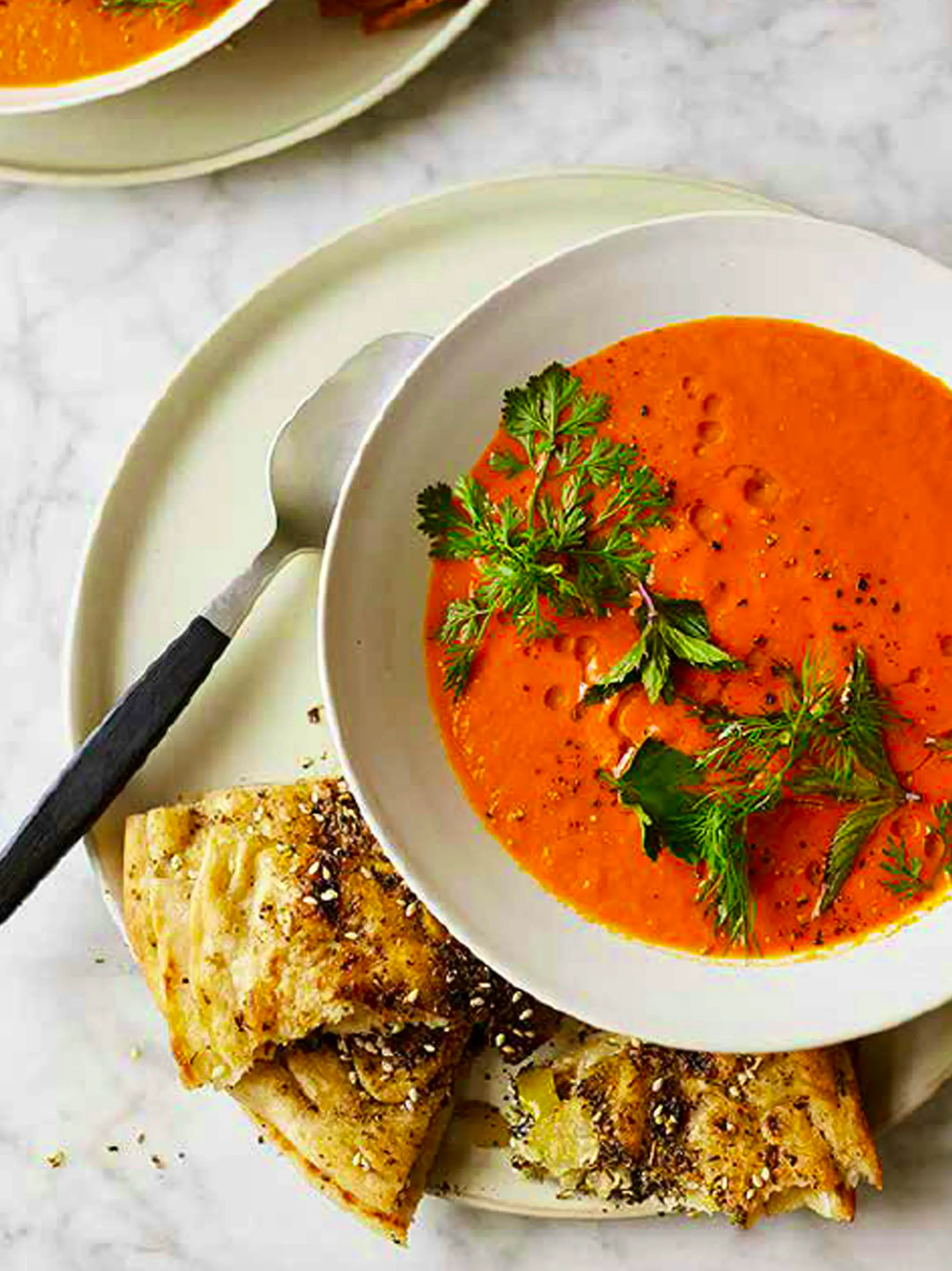 Spiced Tomato Soup With Lemon And Herb Flatbreads