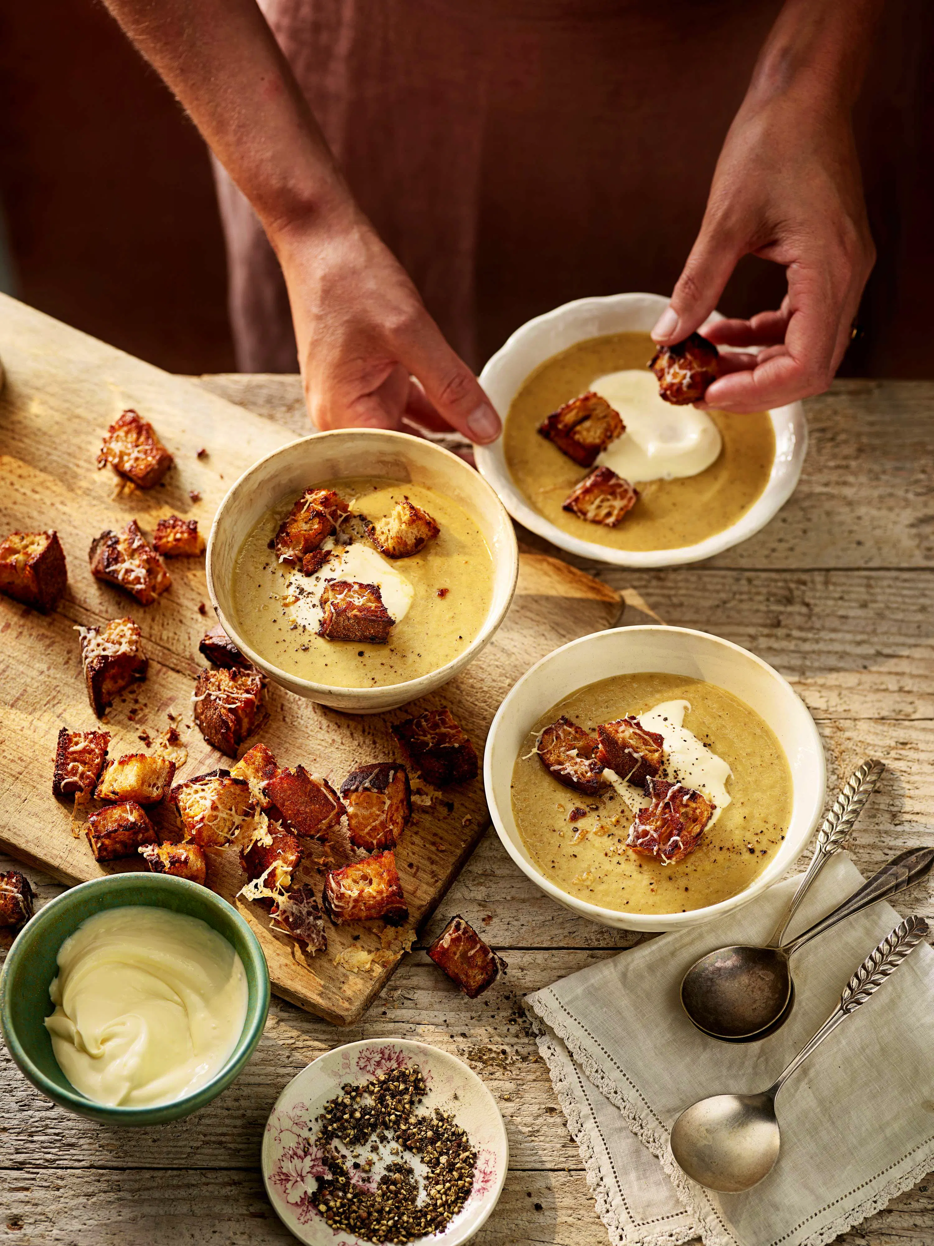 Cauliflower, Cheddar And Marmite Soup With Cheesy Marmite Croutons