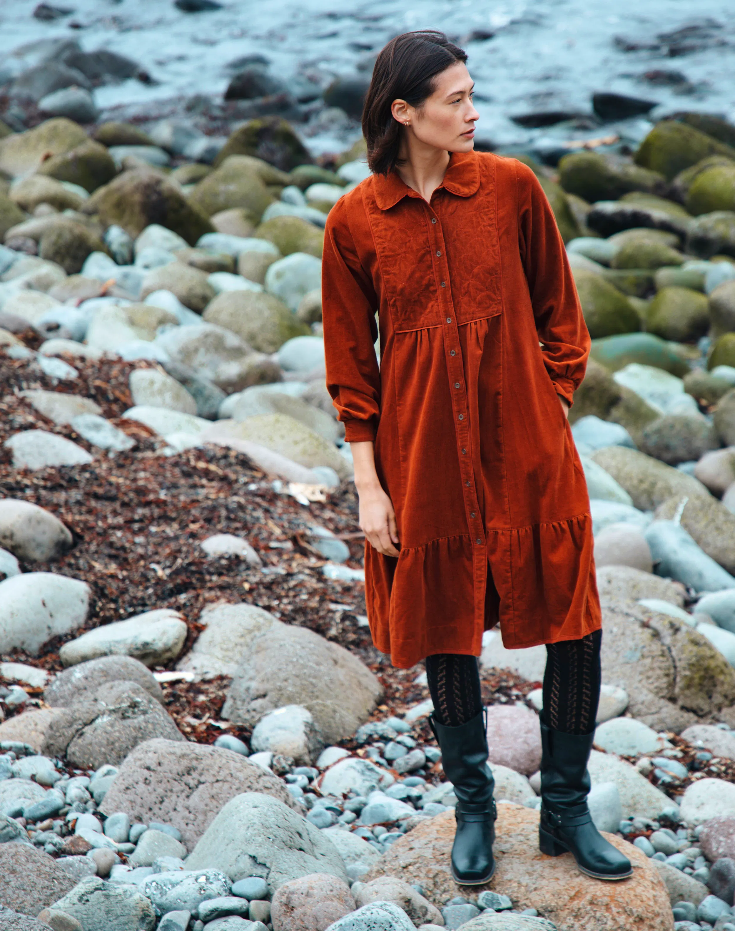 Brora Organic Corduroy Quilted Yoke Dress
