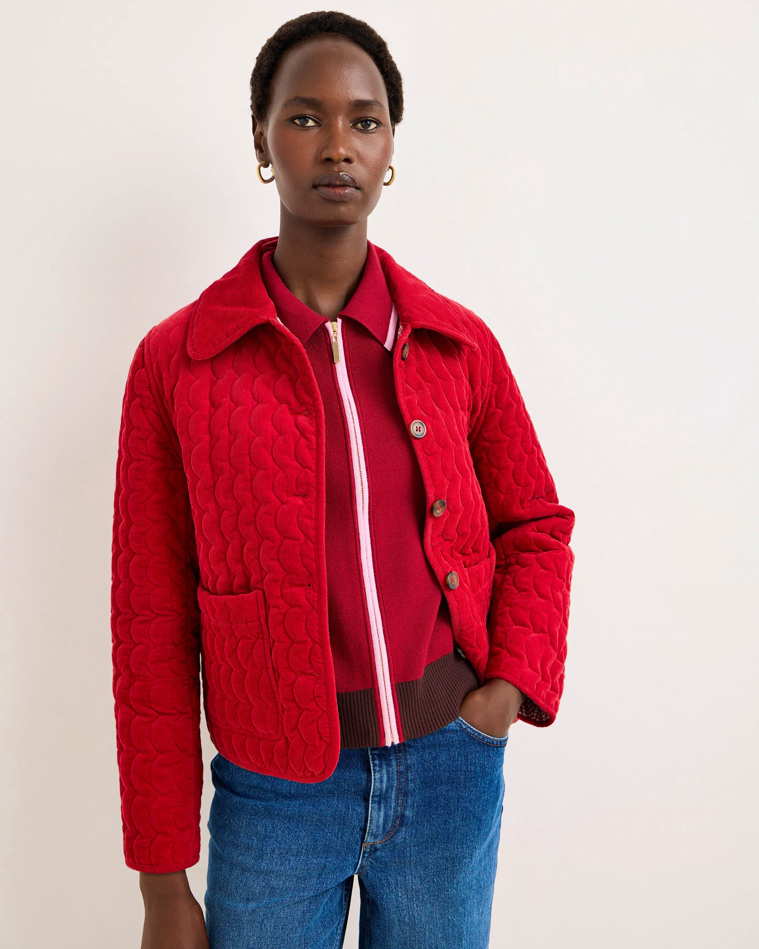 Oliver Bonas Berry Red Corduroy Quilted Jacket