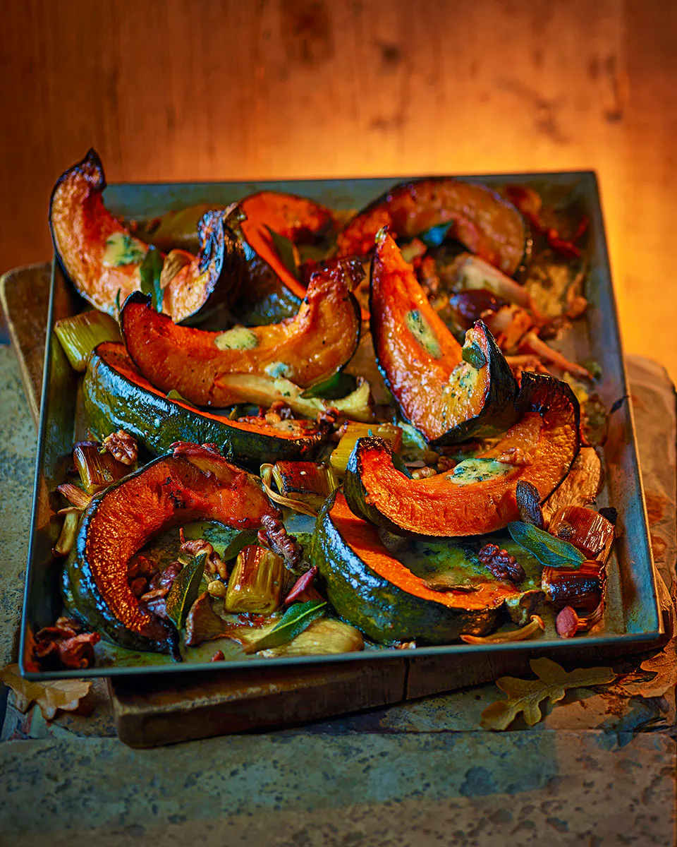 Roast Pumpkin With Mushrooms, Leeks And Stilton