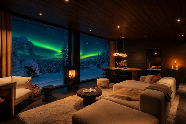 Cosy cabin living room with a lit fire and windows looking out on the Northern Lights over snowy forest