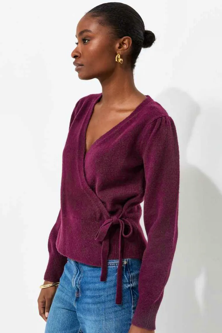 New Look Dark Burgundy Puff Sleeve Knitted Wrap Jumper, £27